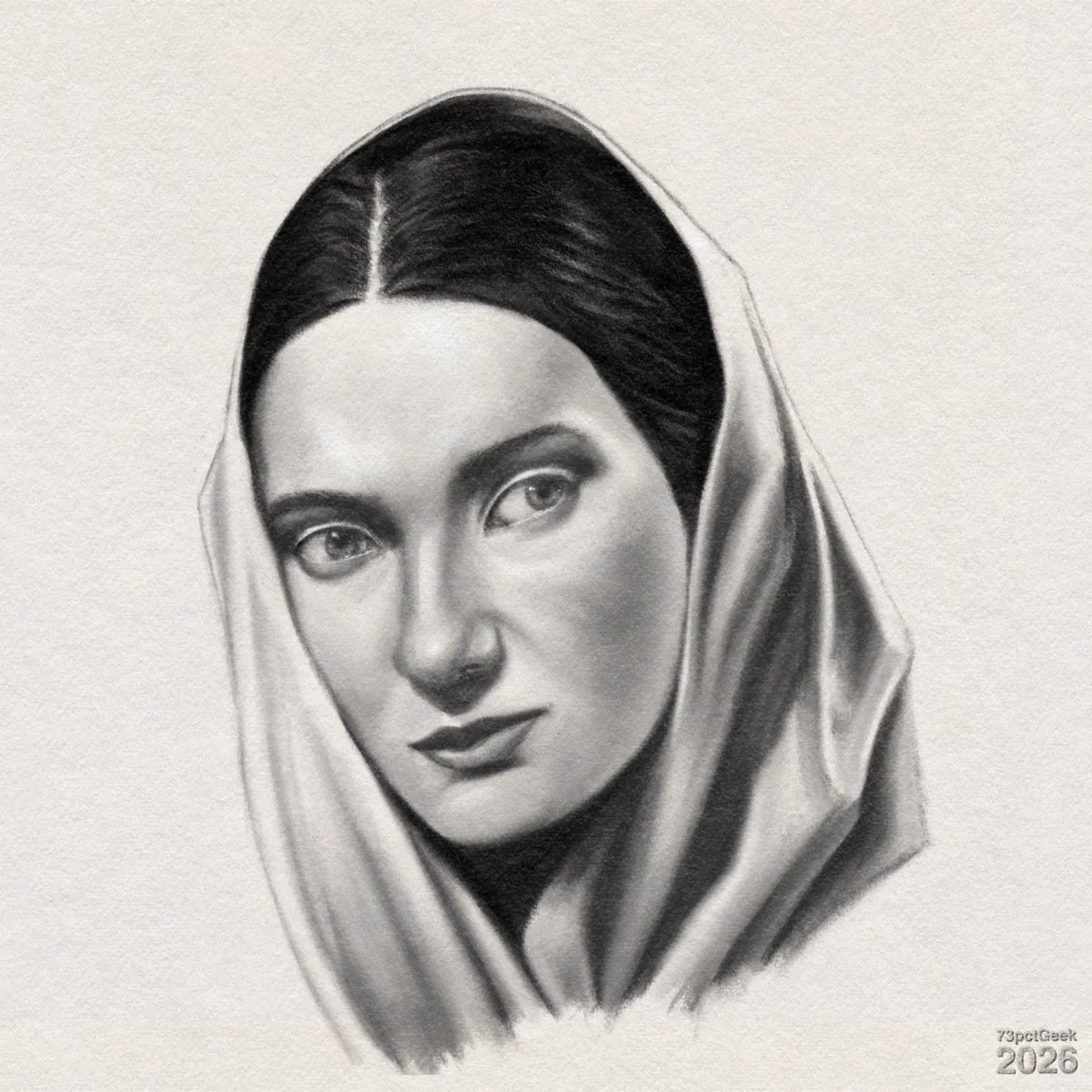 Digital graphite portrait of a woman’s head and shoulders. She wears a draped headscarf over her dark, centre-parted hair, the scarf framing her face. Watermarked: 73pctGeek 2026.