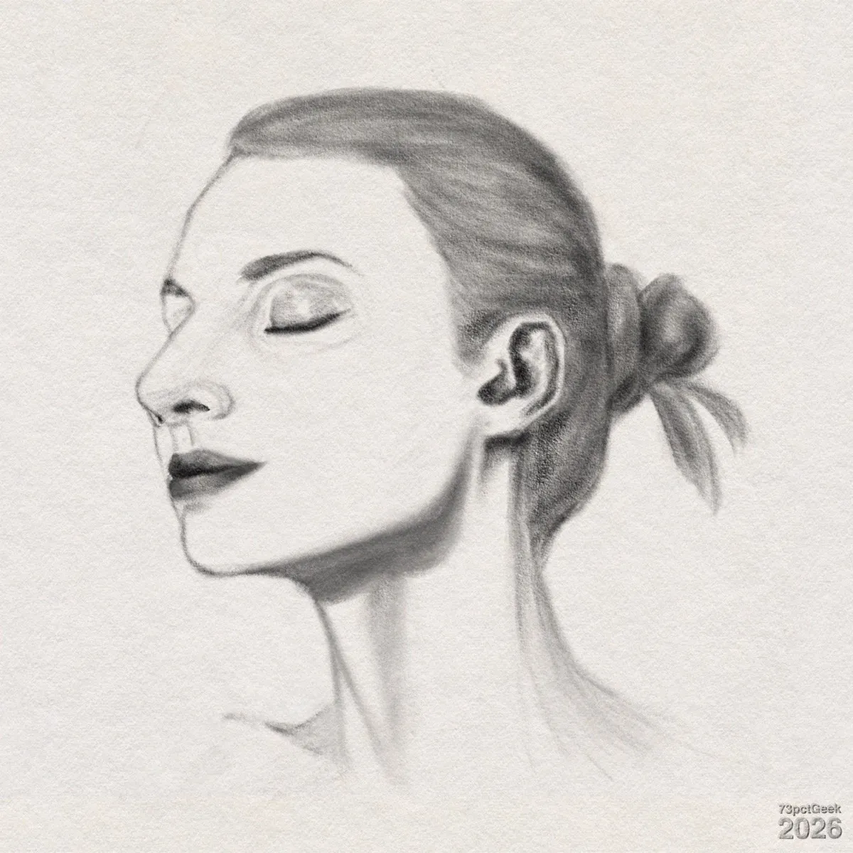 Digital graphite sketch of a woman’s head and upper neck in profile. Her eyes are closed and her hair is tied back in a messy bun. Watermarked: 73pctGeek 2026.