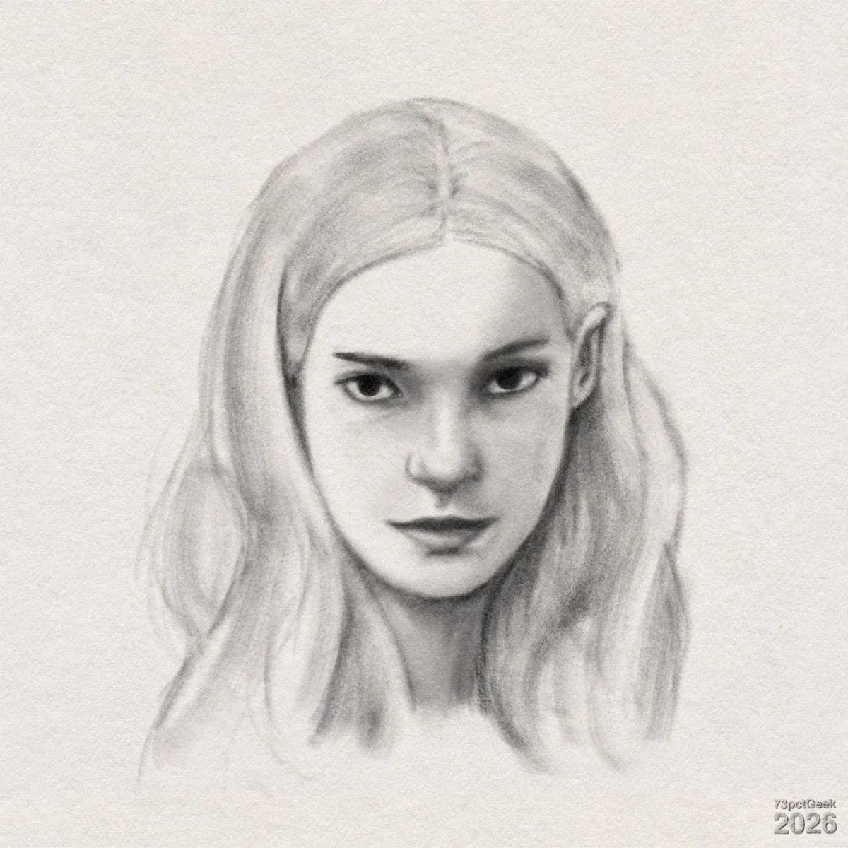 Digital graphite portrait sketch of a young woman’s face and hair. Her light hair is long and wavy, parted in the middle and frames her face. Watermarked: 73pctGeek 2026.