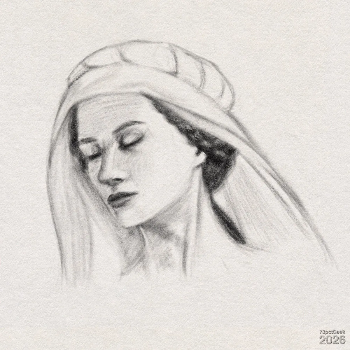 Quick digital graphite portrait sketch of a woman. Shown in three-quarter view, she faces left (her right) with her eyes closed and a slightly downward-tilted pose. Her dark hair is mostly covered by a veil draped over her head, with soft folds indicated by light shading. Watermarked: 73pctGeek 2026.