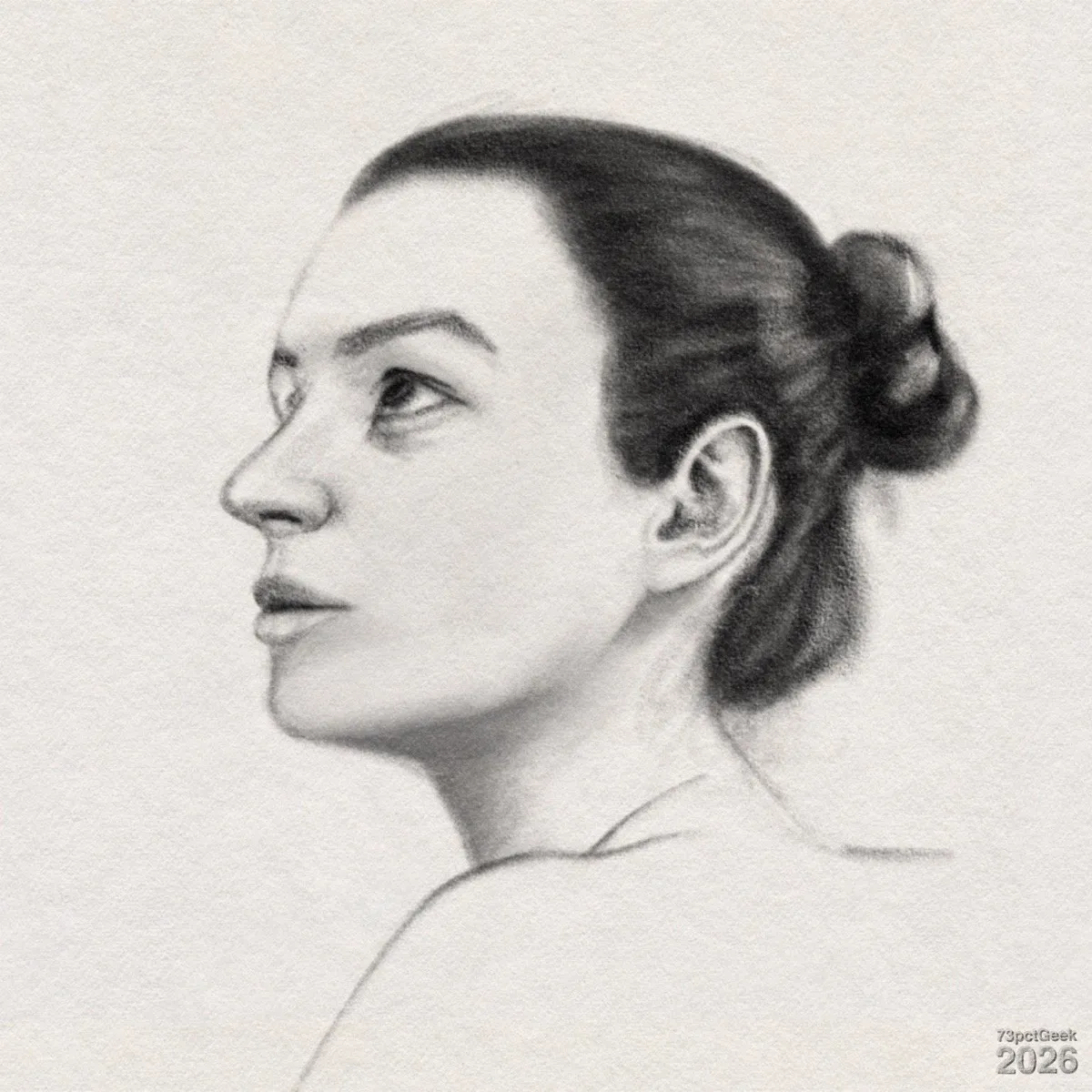 Digital graphite portrait sketch of an woman shown in profile, with her hair pulled into a bun. Watermarked: 73pctGeek 2026.