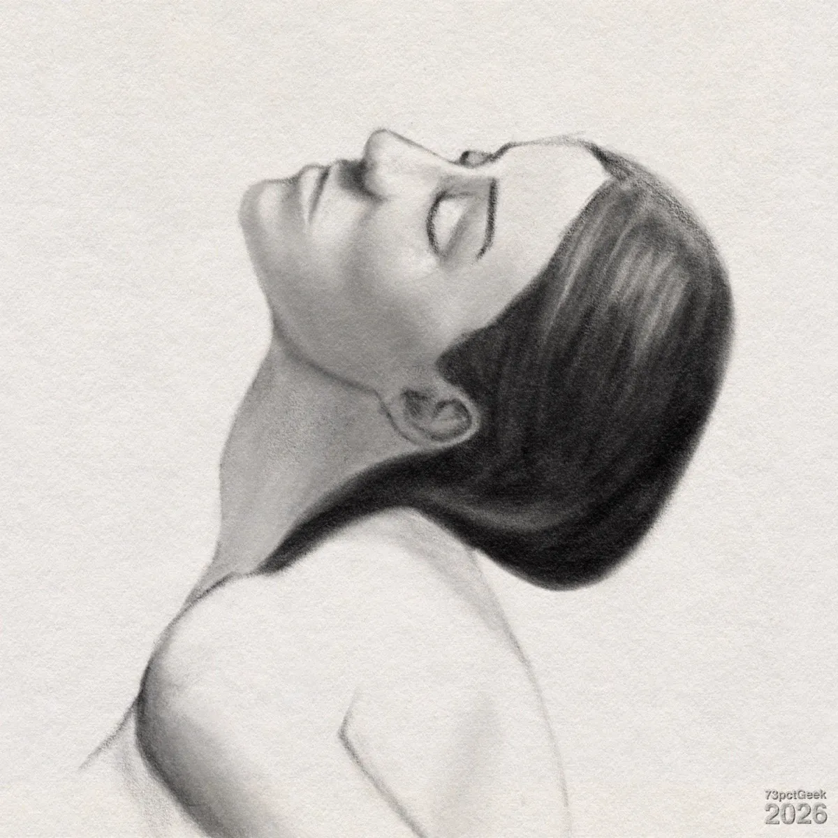 Digital graphite portrait sketch of a woman in profile with her head tilted back and eyes closed. Her hair is dark, smooth, and lies draped across her visible shoulder. Her face has soft shading along the nose, cheek, and jawline, and her throat is elongated. Watermarked: 73pctGeek 2026.