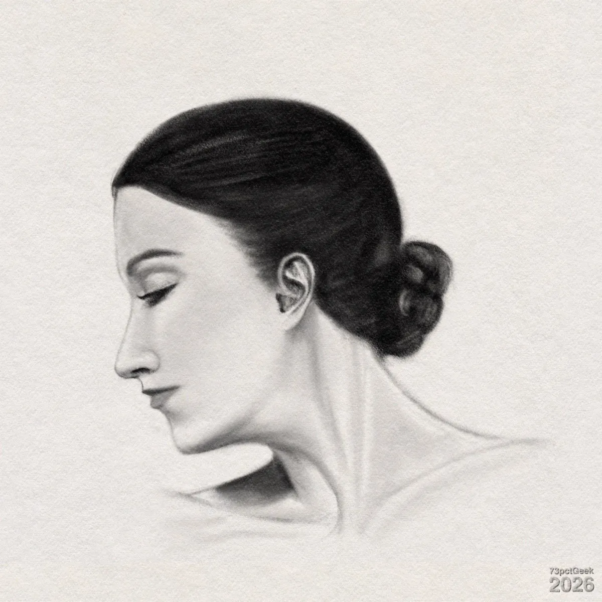 Digital graphite sketch of a woman’s head and neck in profile. Her hair is dark and smoothly pulled back into a low bun. She has a long, straight nose, an almost closed eye, closed lips, and soft shading along the cheek, jawline, and neck. Watermarked: 73pctGeek 2026.