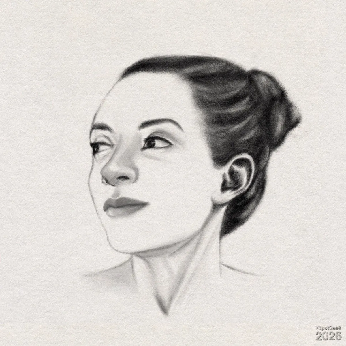 Digital graphite sketch of a woman’s head and upper neck in three-quarter view, facing towards her right. She has light skin, dark hair pulled back into a smooth bun, arched eyebrows, a closed mouth. There is light shading at key points like nose, eyes and throat. Watermarked: 73pctGeek 2026.