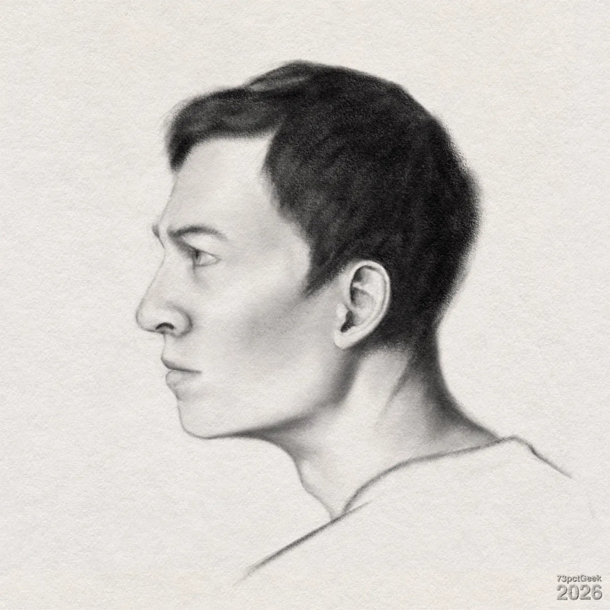 Digital graphite portrait sketch of a man’s head in profile. He has short, dark hair, a straight nose, a defined jawline, his mouth is closed, and he is looking slightly upwards. Watermarked: 73pctGeek 2026.