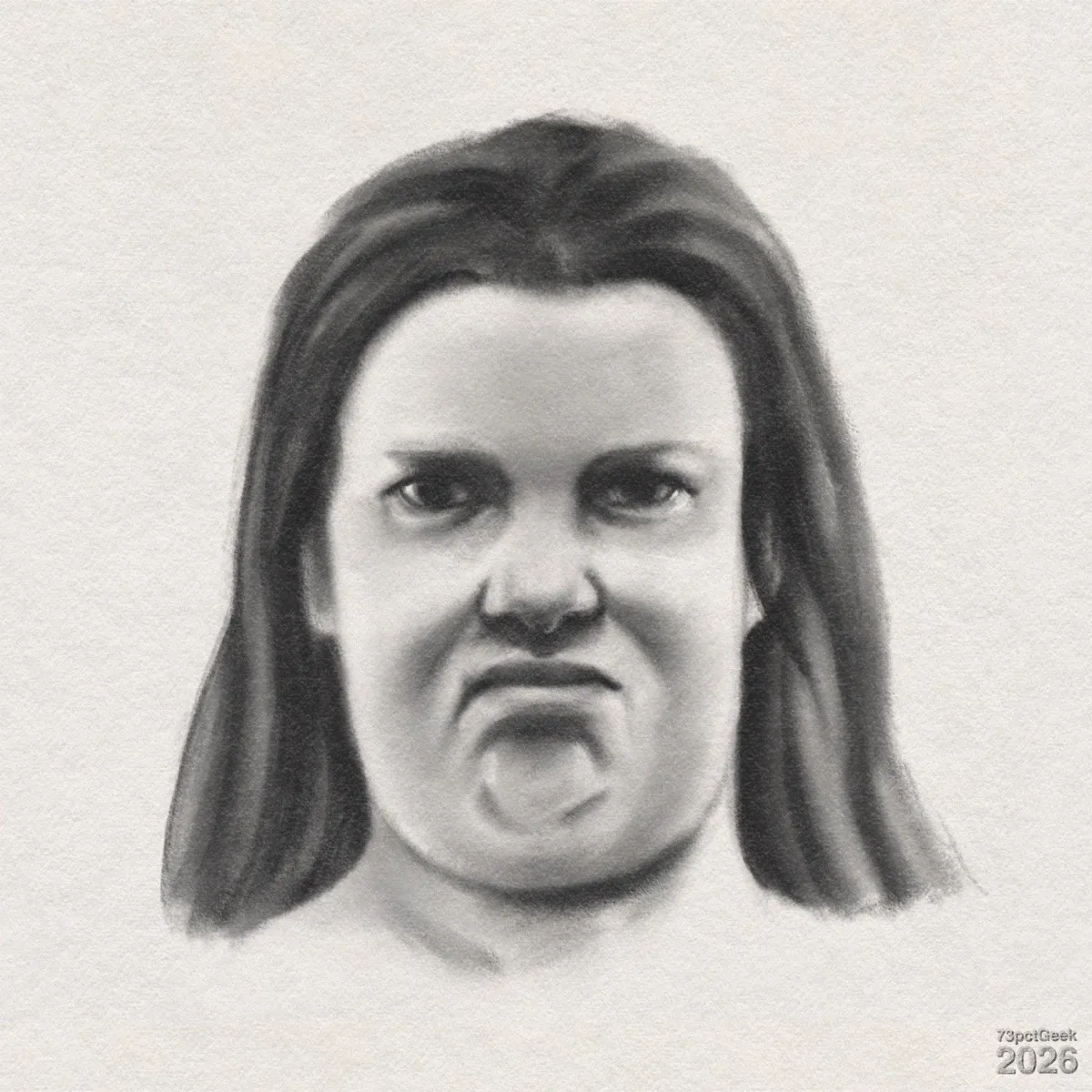 Digital graphite sketch of a woman’s head. She has with long, dark hair parted near the middle, light skin, dark eyes, and a displeased expression: eyebrows slightly lowered, eyes staring forward, and the mouth turned down with a wrinkled chin. Watermarked: 73pctGeek 2026.