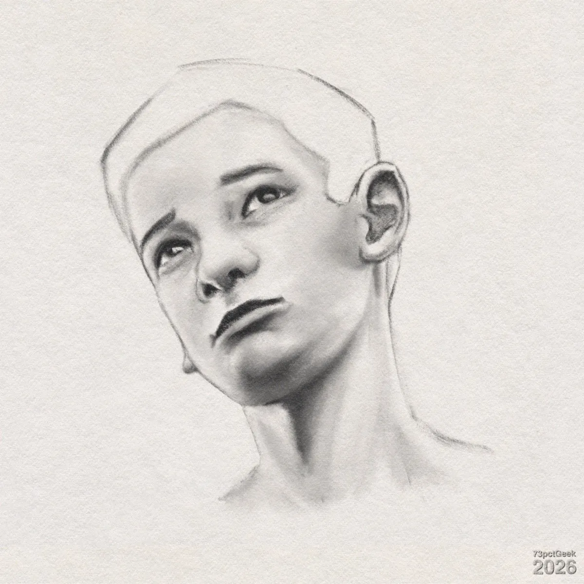 Digital graphite portrait sketch of a boy. His head is turned slightly to his right and tilted upward. He has slightly raised eyebrows and gazes upward. His hair is left blank, barely outlined. Watermarked: 73pctGeek 2026.