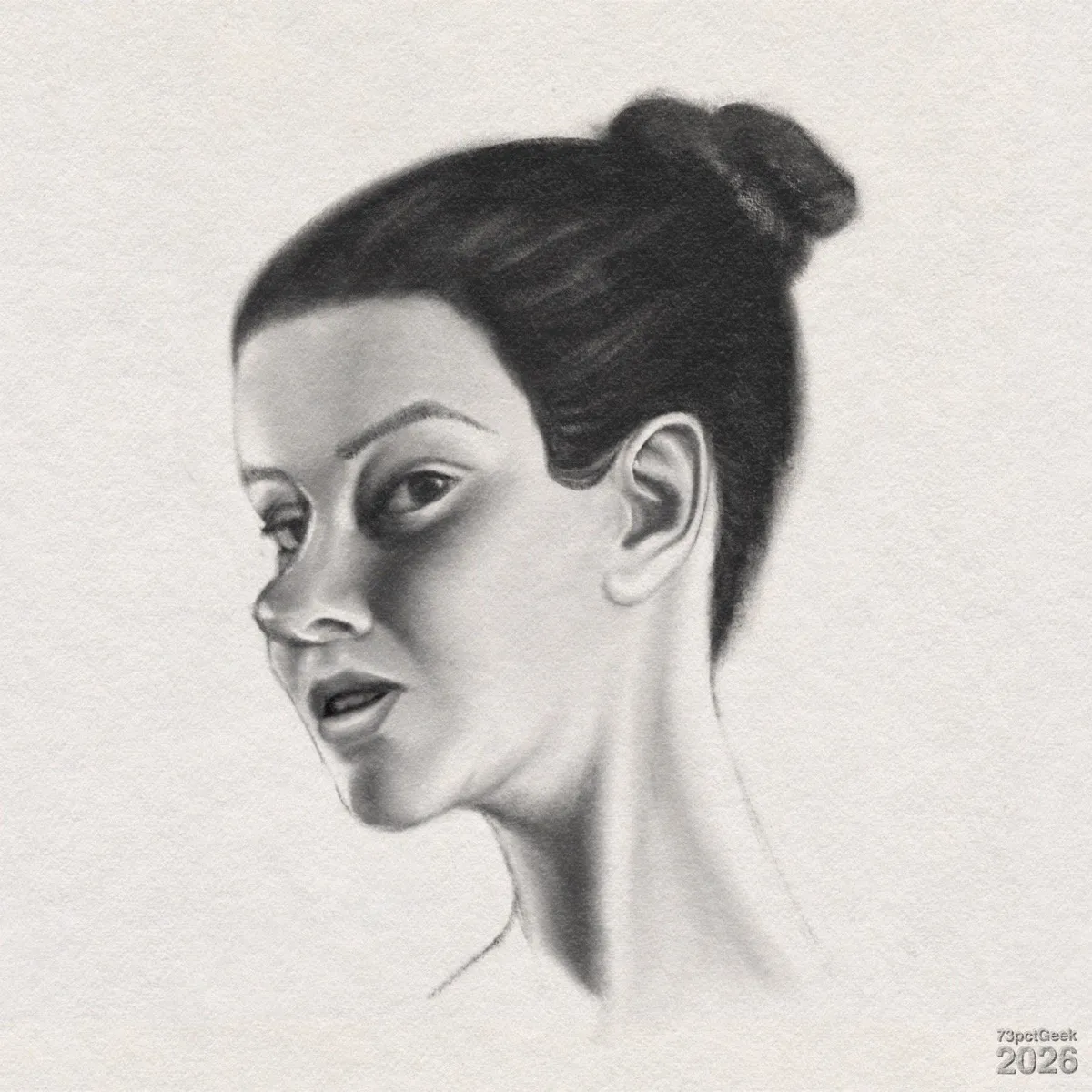 Digital graphite sketch of a woman’s head and neck in ¾ profile. Her dark hair is pulled back into a bun. She has arched eyebrows, half-open eyes, and parted lips. Watermarked: 73pctGeek 2026.