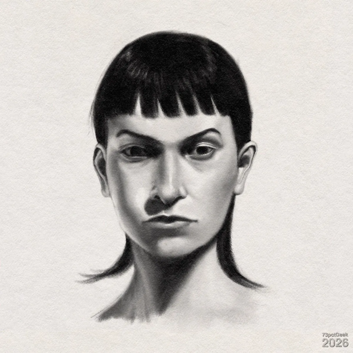 Digital graphite portrait sketch of a woman’s head and upper neck. Her straight, dark hair is cut in a short bowl-cut-like shape with a blunt, piecey fringe, and slightly longer hair at the back, leaving both ears visible. Her dark eyebrows are angled, giving her a stern expression. She has a long, narrow nose, and her slightly downturned mouth is closed. Watermarked: 73pctGeek 2026.