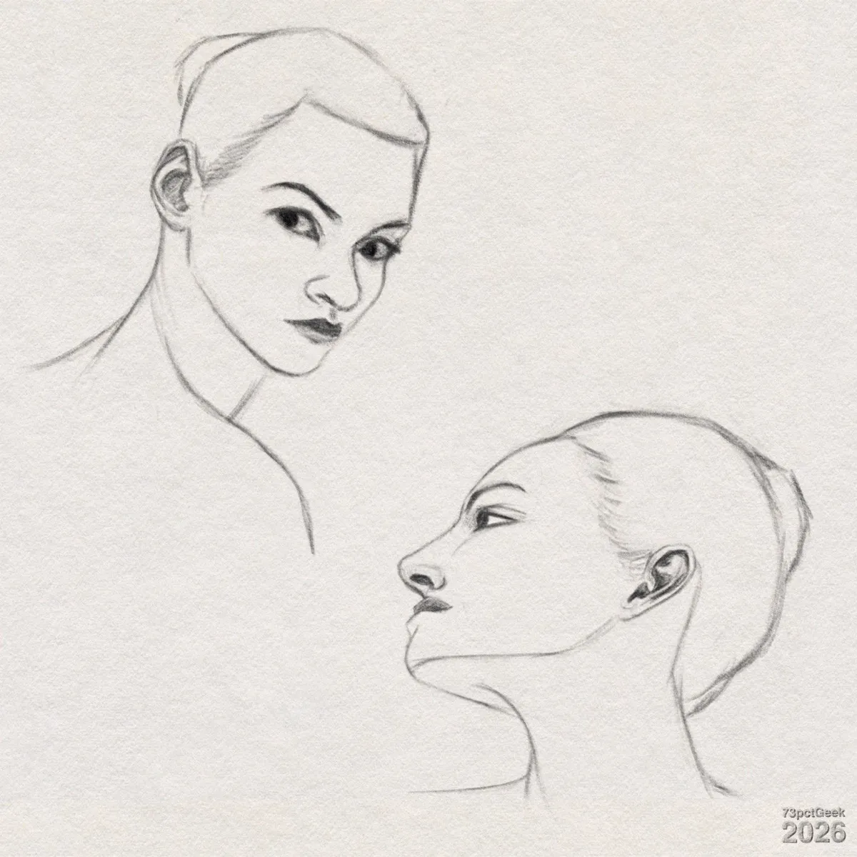 Digital graphite sketch of two female faces. To the top left a woman is shown in 3/4 view with the head turned slightly toward the viewer. She has a neutral expression , with dark eyes and lips, and hair smoothly pulled back into a high bun. In the lower right, a face in profile seen from below, her hair is also pulled back into a bun. Watermarked: 73pctGeek 2026.