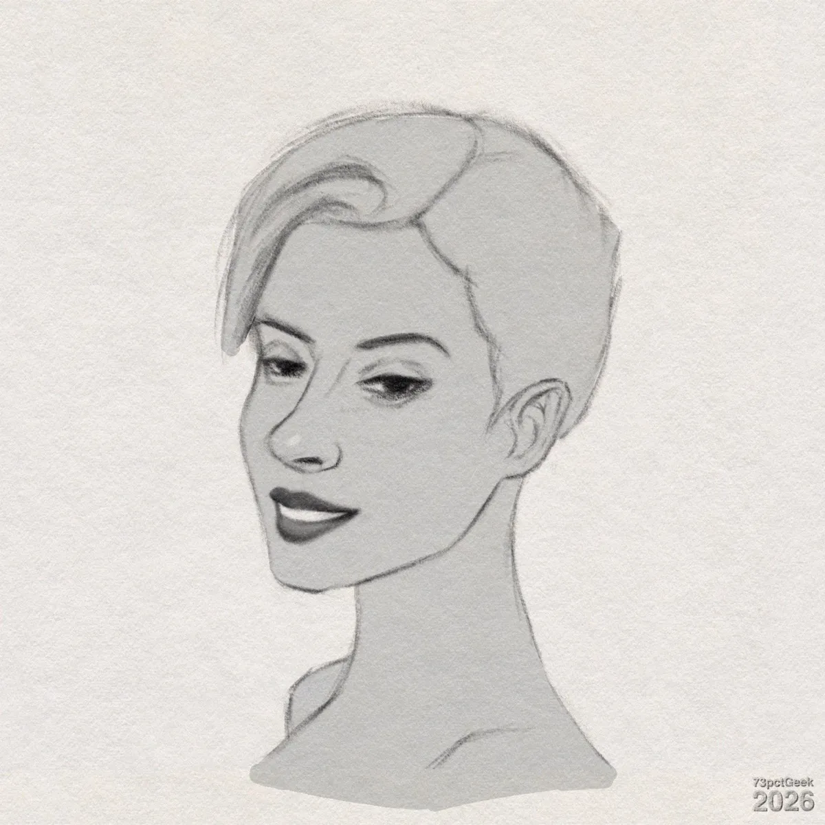 Digital graphite portrait sketch of a woman’s head and upper shoulders seen in ¾ view, with flat grey colour. She faces to her right, and has a short pixie haircut with a wave over the forehead, arched eyebrows, half-closed eyes with dark lashes, a straight nose, and a slight smile. One ear is visible on her left side, and she has a long, slender neck. Watermarked: 73pctGeek 2026.