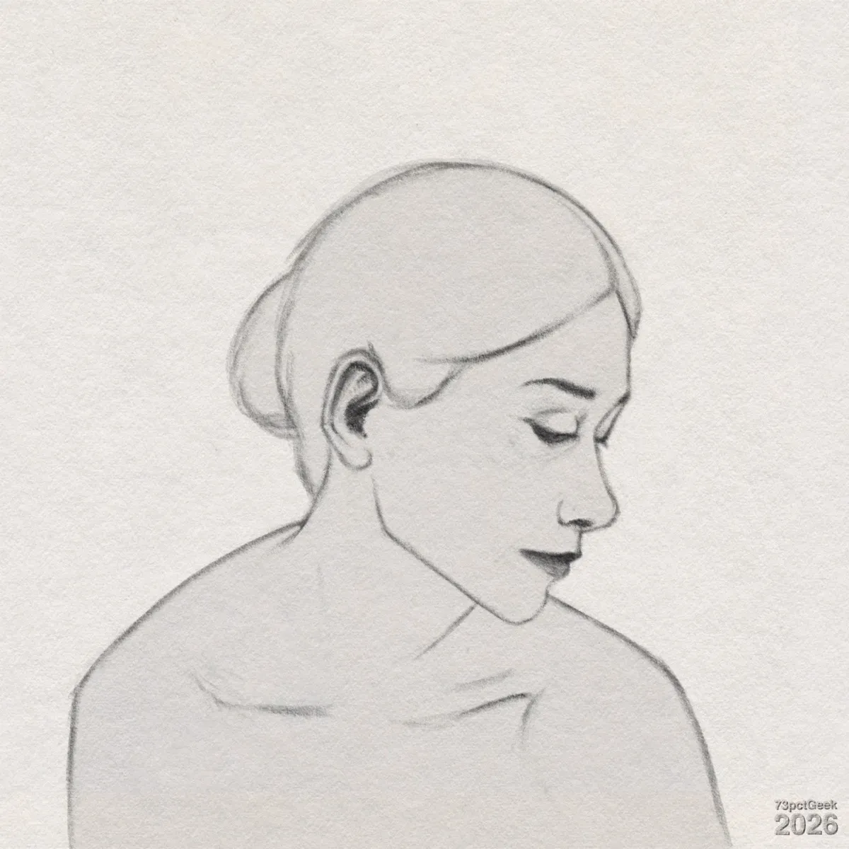 Digital graphite sketch of a woman’s head and upper shoulders. Her hair is pulled back into a smooth bun at the back of her head, and her eyes are closed. Watermarked: 73pctGeek 2026.
