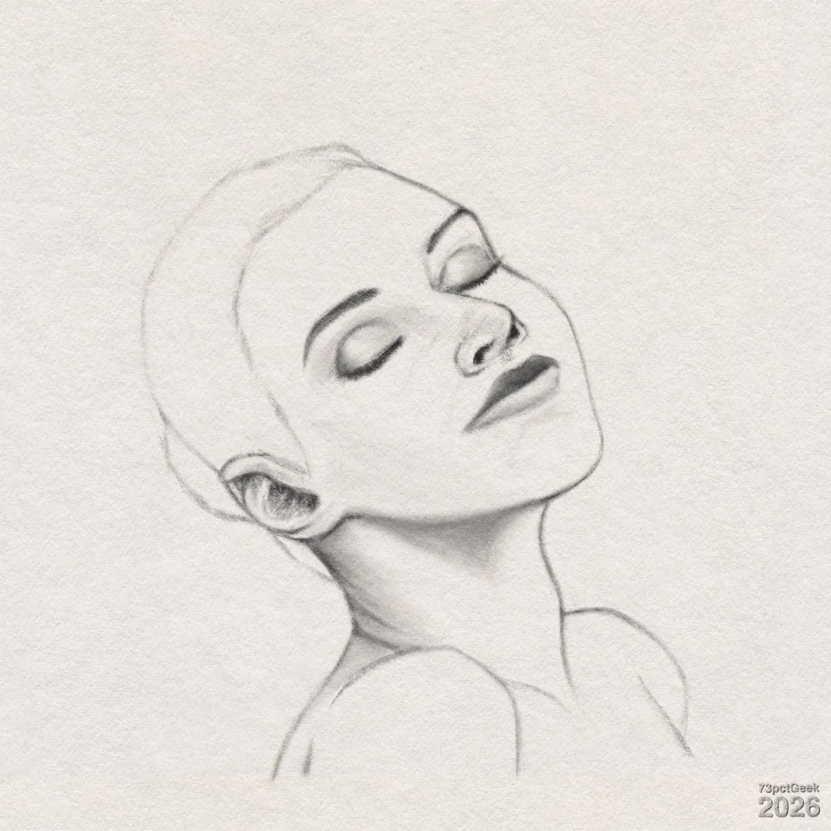 Digital graphite sketch of a woman’s head and shoulders with her eyes closed, and her face tilted upwards. Her hair is pulled back into a bun, and her long neck is shaded under the jawline, while her bare shoulders are lightly outlined. Watermarked: 73pctGeek 2026.