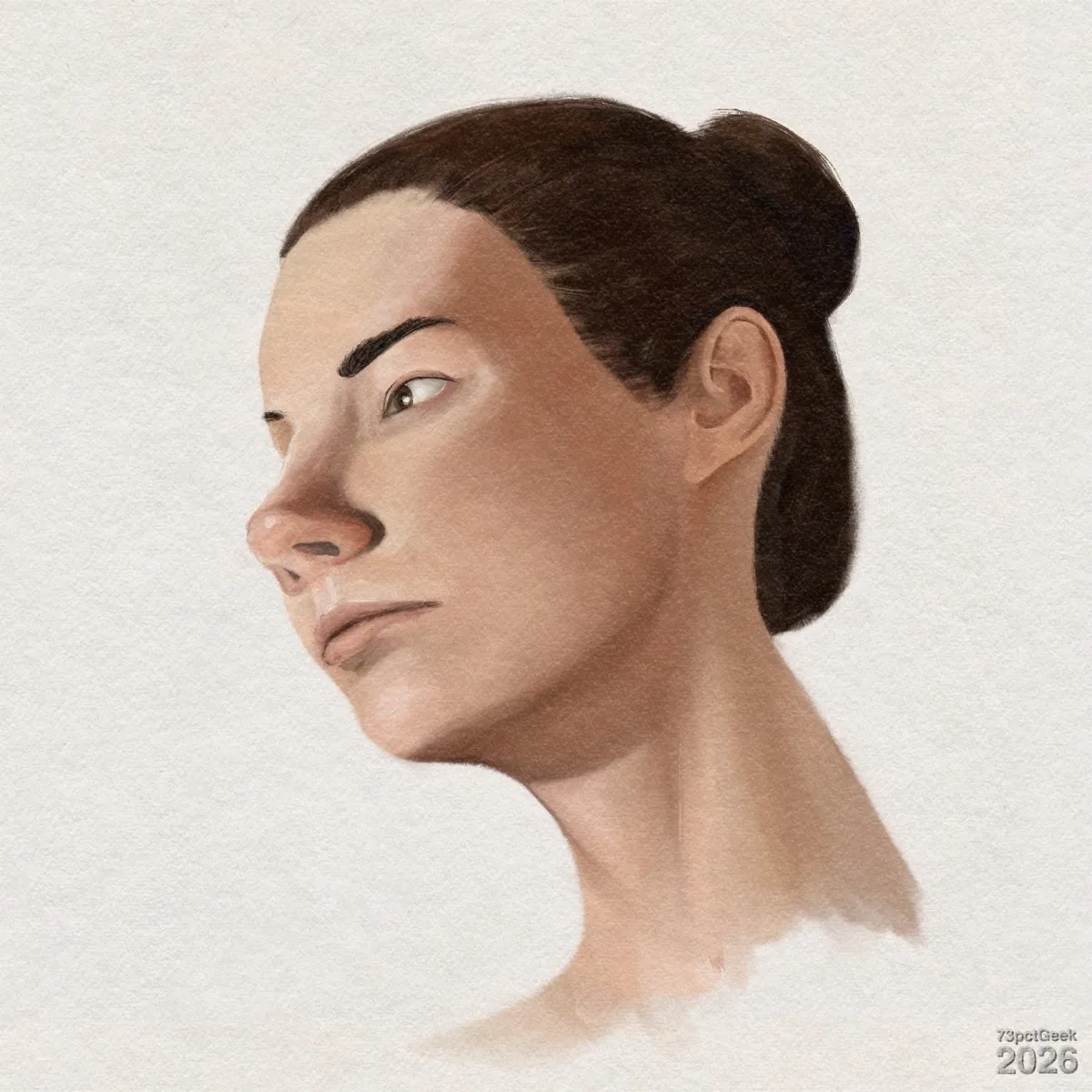 Digital gouache study of a woman’s head and upper neck in profile, and seen slightly from below. She has light skin, and dark brown hair which is pulled back into a smooth bun. Her visible eye is light brown, and looks slightly up and to her right, her nose and lips are softly shaded. She has with a neutral expression. Watermarked: 73pctGeek 2026.