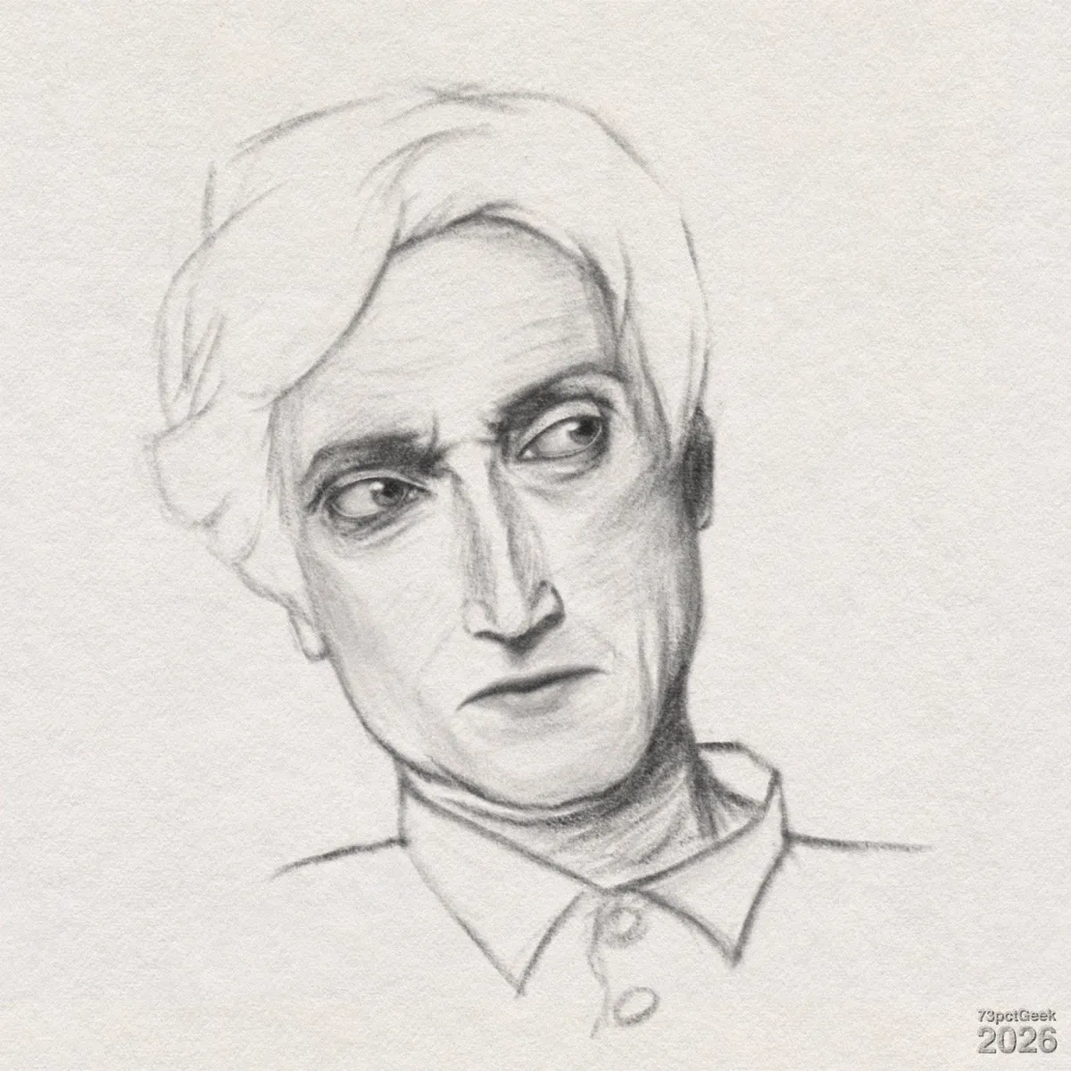 Digital graphite sketch of a man’s head and upper shoulders. He has light skin, wavy swept-back hair, deep-set eyes, and a long, narrow nose. His mouth is closed with a slightly downturned, serious expression, and he is looking upwards to his left. He is wearing a collared shirt with two visible buttons. Watermarked: 73pctGeek 2026.