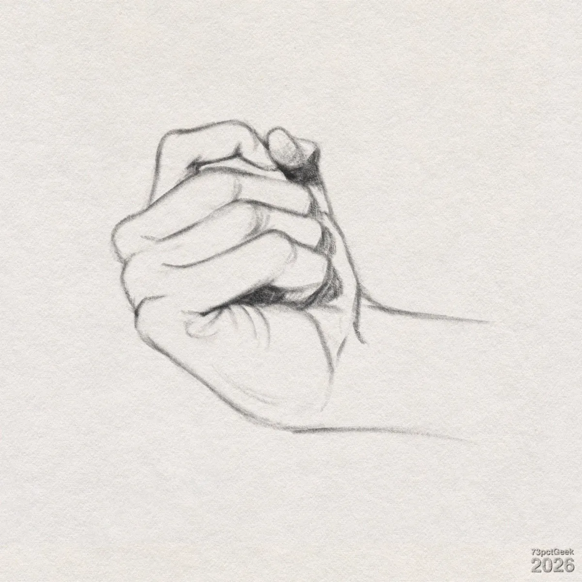 Digital graphite sketch of a hand clenched into a fist. It is seen from the side, and a lightly drawn forearm extends to the right with minimal detail. Watermarked: 73pctGeek 2026