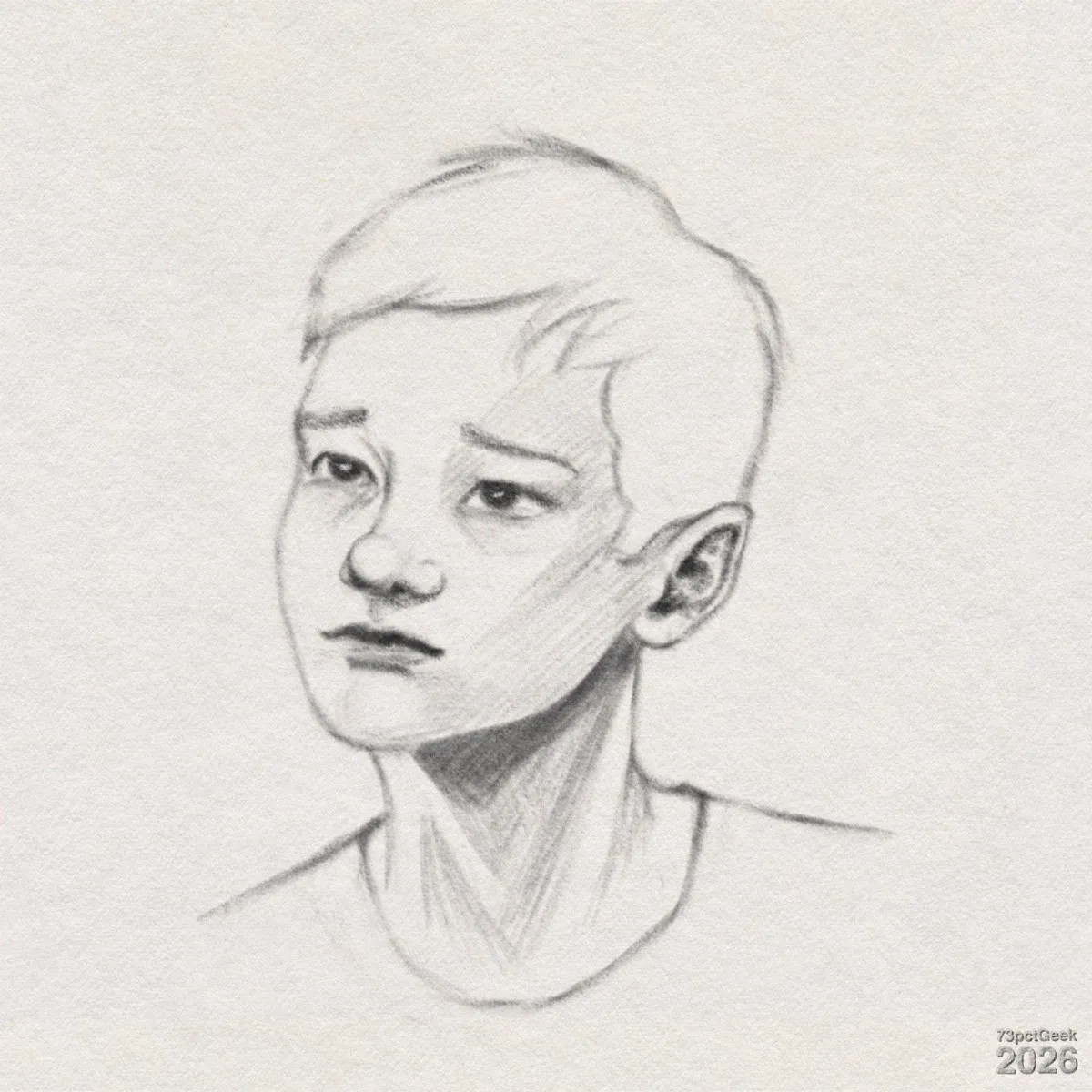 Digital graphite sketch of a boy’s head, neck, and shoulders, facing slightly towards his right. His hair is short, simply outlined, and minimally shaded. He wears a somewhat serious expression, his nose is softly drawn, and his mouth is closed. Shading is concentrated along the cheek, under the jawline, and down the neck to suggest depth. Watermarked: 73pctGeek 2026.