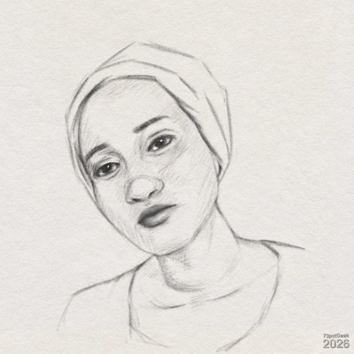 Digital graphite sketch of a woman wearing a headscarf. Her head is slightly tilted, and she has a neutral expression. Cross-hatching and smudged graphite shading is used across the cheeks, jaw, and neck, with a somewhat darker shadow under her chin. The headscarf covers her hair and has visible folds. Watermarked: 73pctGeek 2026. 