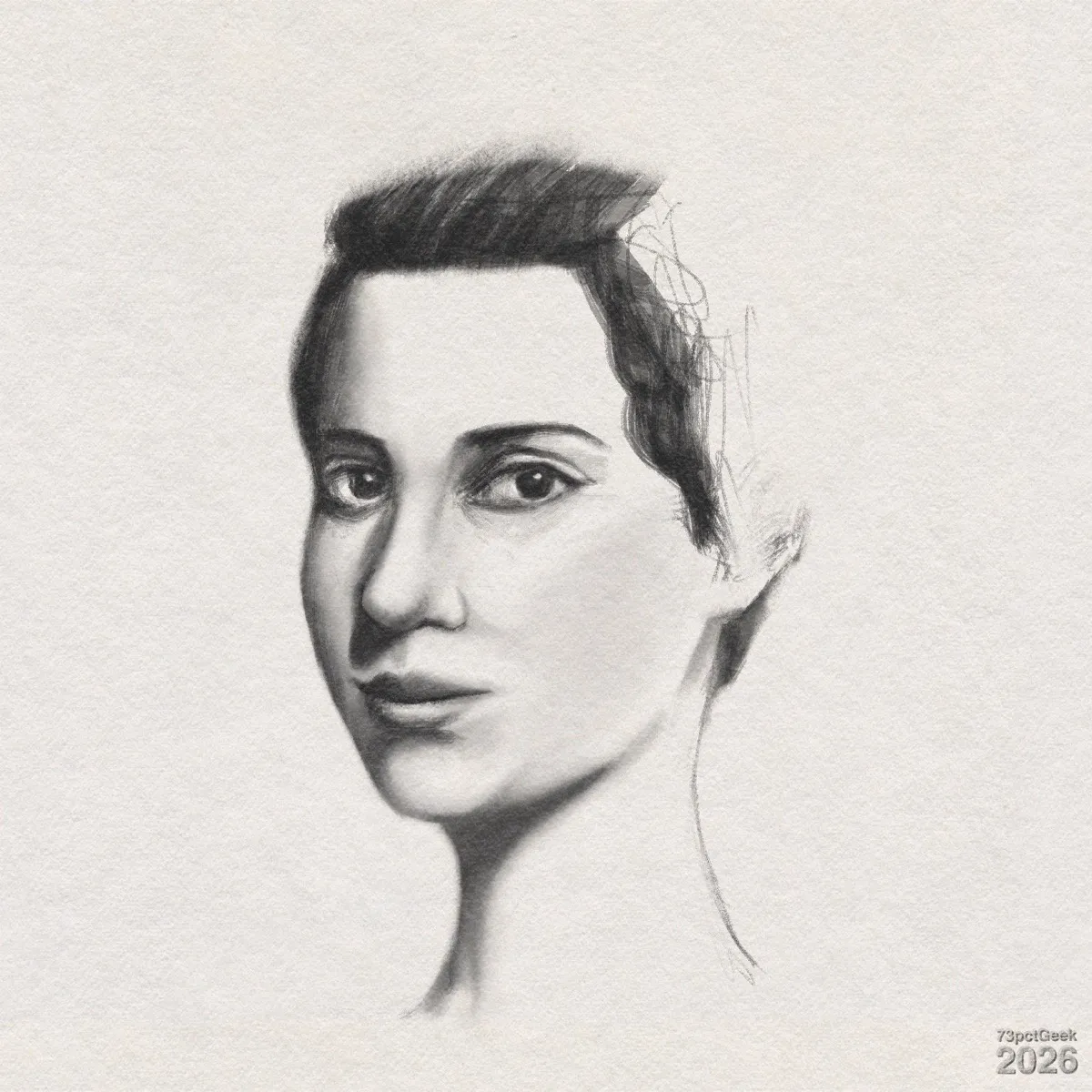 Unfinished digital graphite sketch of a woman’s head and neck. Her face is turned slightly to her left, and she has light skin, dark eyes, and dark hair swept back which devolves into sketchy lines. Watermarked: 73pctGeek 2026.