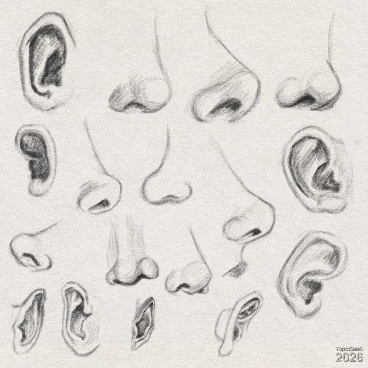 Digital graphite sketchy studies of human ears and noses. Watermarked: 73pctGeek 2026.