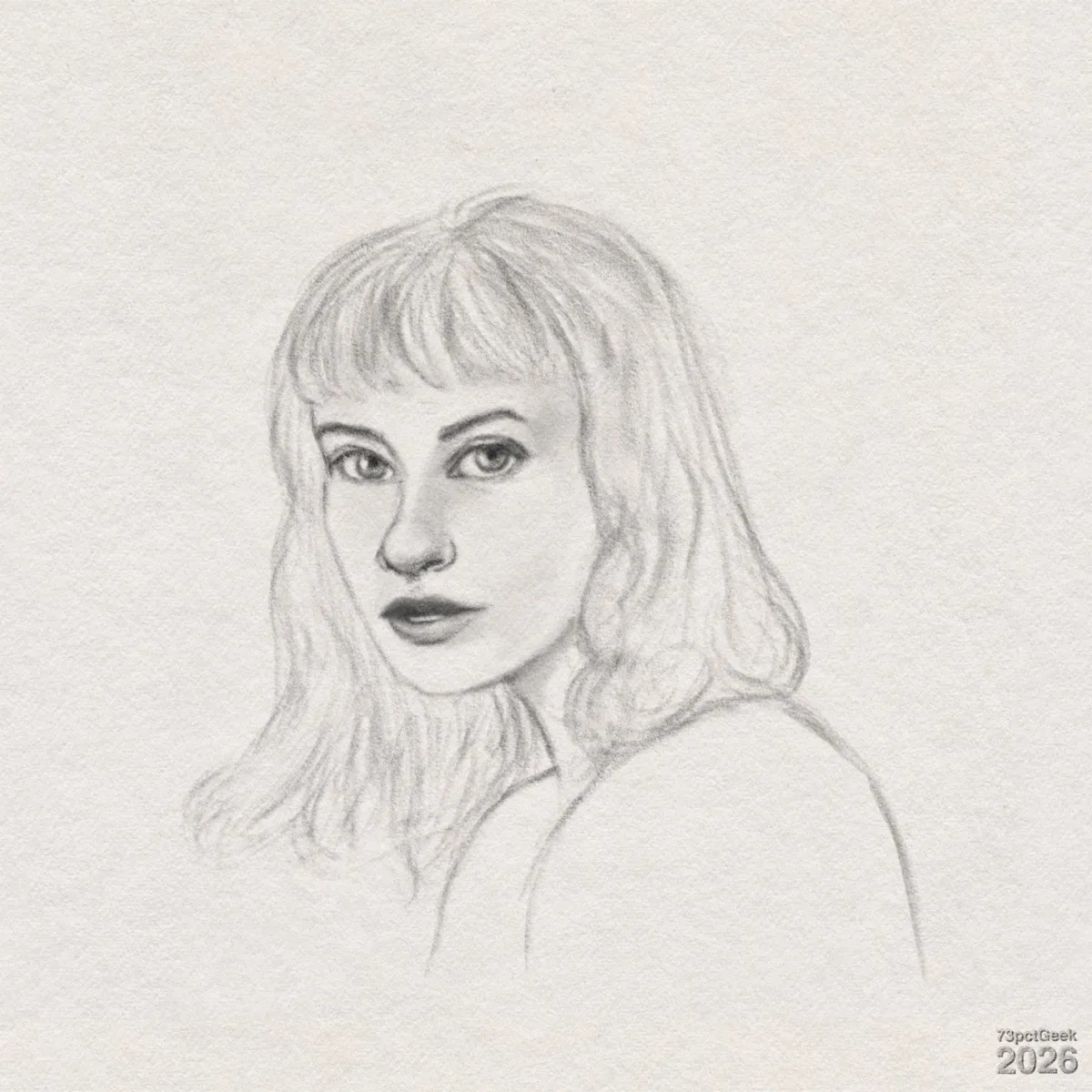 Digital graphite sketch of a young woman’s head and shoulders, she is turned at a slight angle, and her head is turned forwards. She has a fringe and shoulder-length hair with loose, wavy strands. The neck and shoulder lines are lightly outlined and mostly unfinished. Watermarked: 73pctGeek 2026