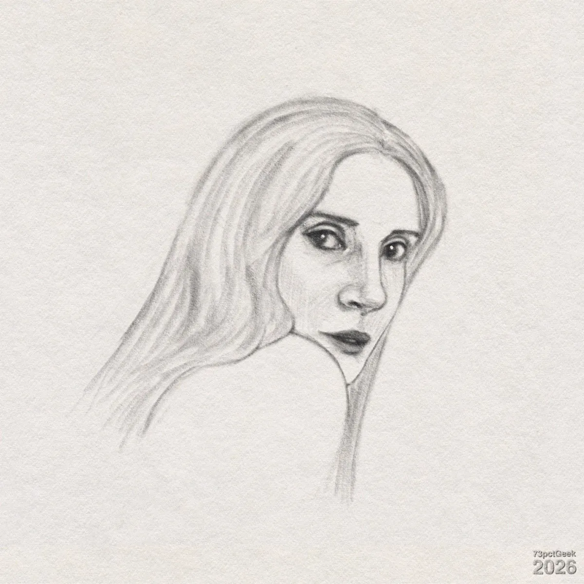 Digital graphite sketch of a woman turned away, but looking back, over her shoulder, towards the viewer. Her long hair is lightly shaded, has a centre part, and flows down her back, pooling on her shoulder. She has dark eyes, arched eyebrows, a slender nose, and shaded lips. A single bare shoulder and part of her upper back are visible, both minimally shaded compared to her face and hair. Watermarked: 73pctGeek 2026.