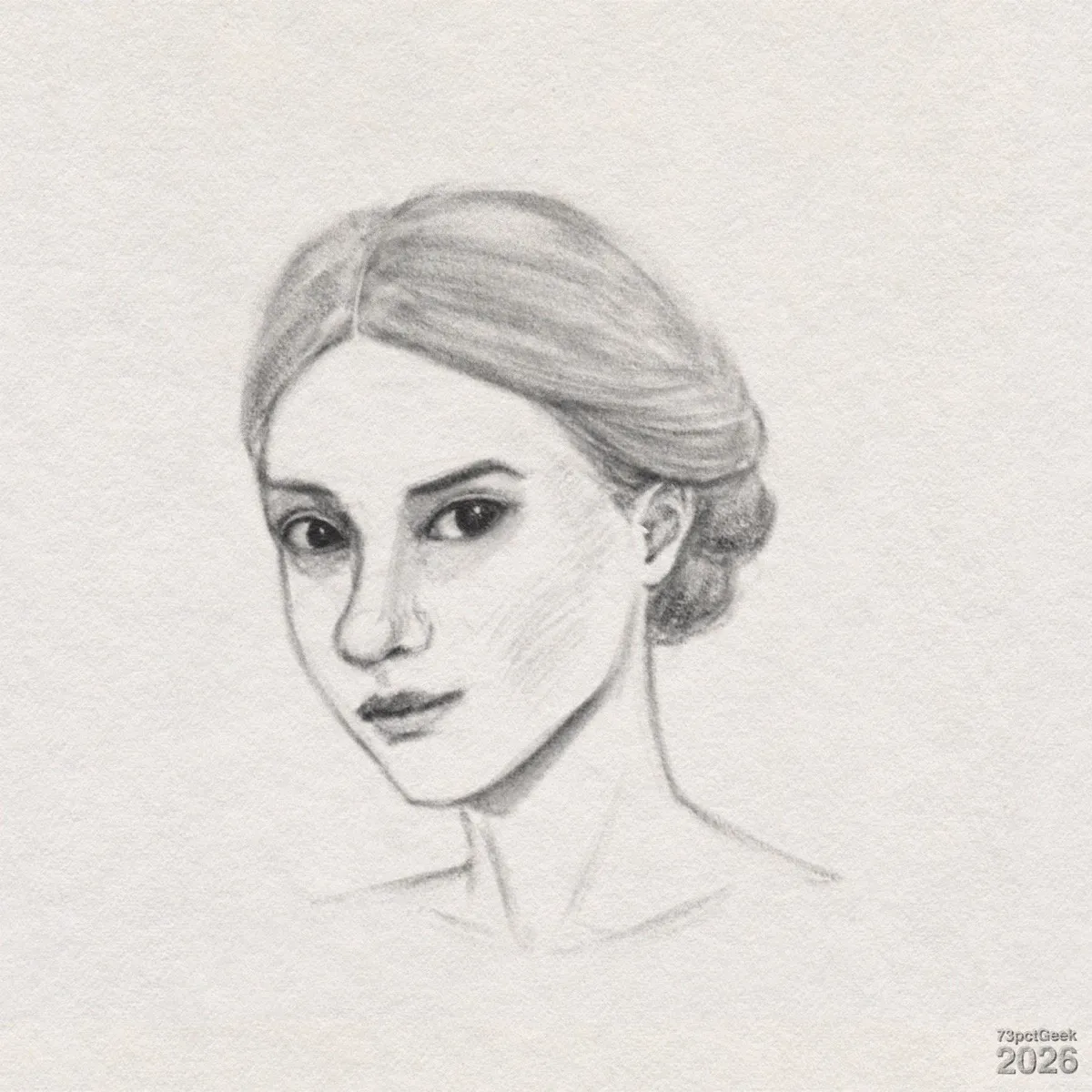 Digital graphite sketch of a young woman’s head and shoulders. She is slightly turned to her right, and her long neck and bare shoulders are lightly outlined. Her hair is swept back and gathered into a low bun. Watermarked: 73pctGeek 2026.
