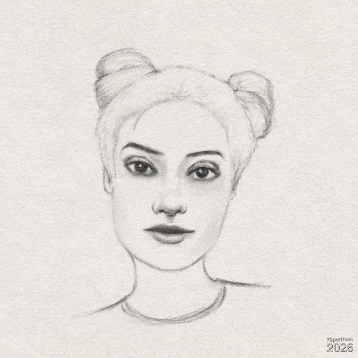 Digital graphite sketch of a young woman’s head. Her hair is parted in the middle and styled into two fun buns high on either side. She faces forward, and her head is at a slight angle. Watermarked: 73pctGeek 2026.