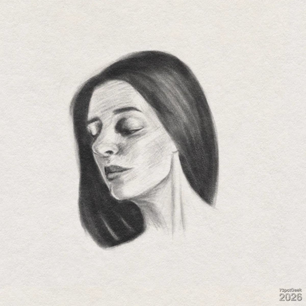 Digital graphite sketch of a woman’s head and neck. She is in three-quarter view facing her right, with eyes almost closed, and she has long, straight, dark hair. Watermarked: 73pctGeek 2026.