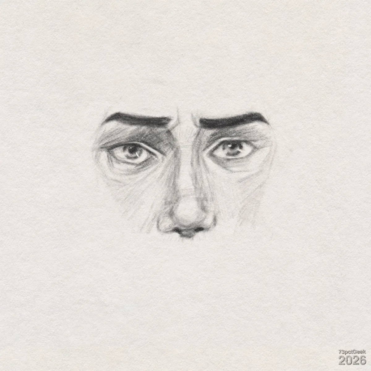 Digital graphite sketch of a man’s brows, eyes, and nose. Watermarked: 73pctGeek 2026.