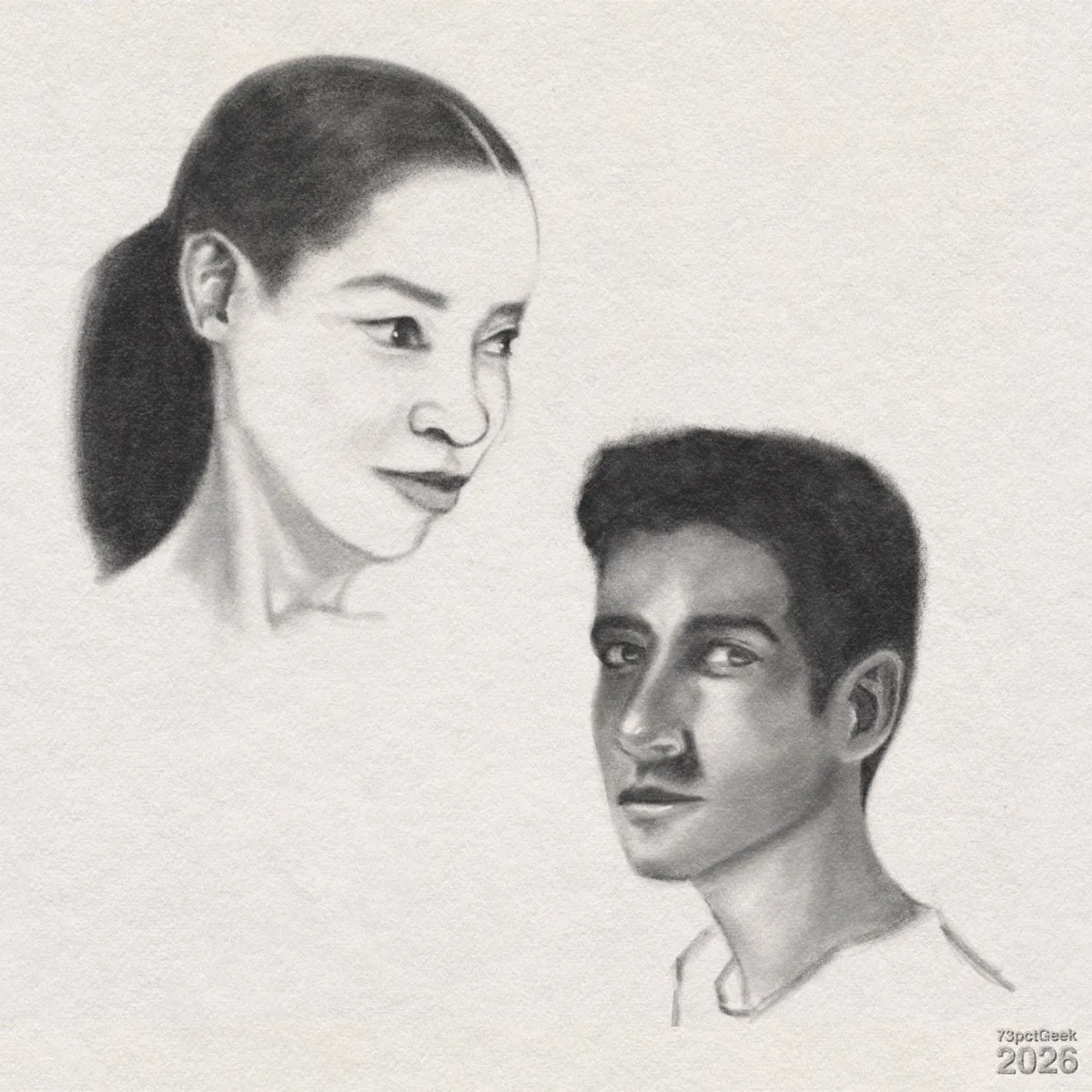 Digital graphite sketches of two people. The left sketch shows a woman in profile. Her dark hair is pulled back into a low ponytail. Her face is softly shaded with defined eyebrows, a straight nose, and closed lips. On the right is a sketch of a man. He has short dark hair, defined eyebrows, and is shaded more heavily. Watermarked: 73pctGeek 2026.