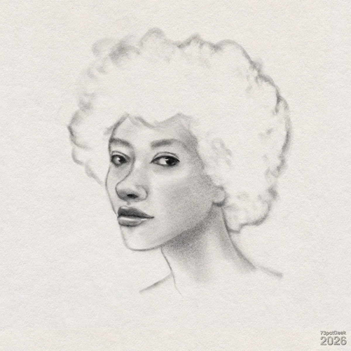 Digital graphite sketch of a woman’s head and neck. She is shown in three-quarter view, and has large, dark eyes, a straight nose, and full lips. Her hair is styled in soft afro, and she has a slender neck with a mere suggestion of shoulders. Watermarked: 73pctGeek 2026.