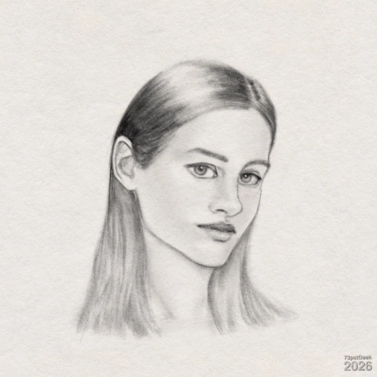 Digital graphite sketch of a young woman’s head and neck. Her face is tilted slightly down and to her left, and she has a neutral expression. Her straight, shoulder-length hair has a centre part, and is tucked behind her visible right ear. Her jawline and cheekbones are softly contoured, and her neck fades into the blank page. Watermarked: 73pctGeek 2026.