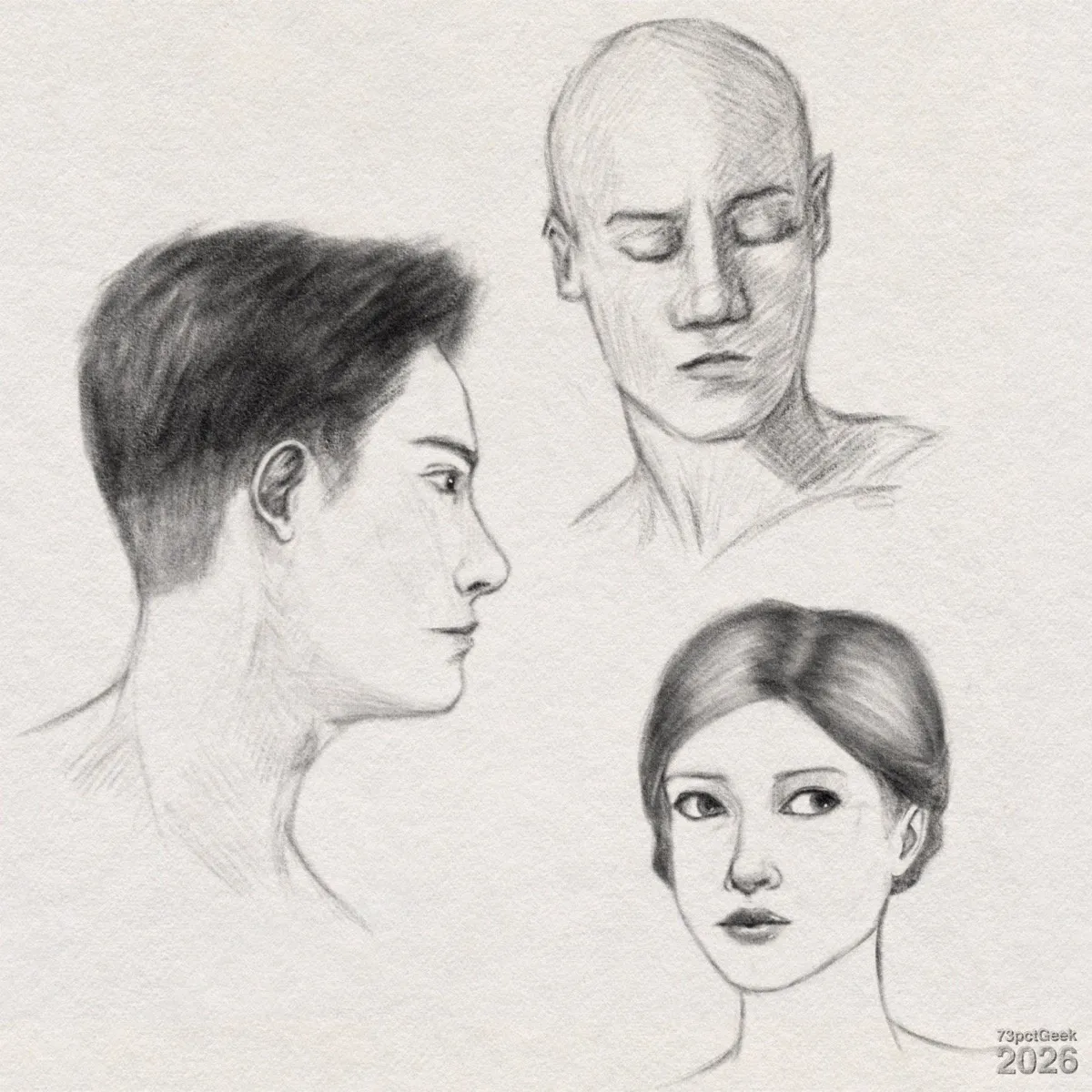 Digital graphite sketches of three heads. Larger, and on the left, is a man’s head and neck in profile facing right. His hair is short and swept back with darker shading near the top and back of the head. On the top right is a bald man, his head angled slightly downward and to the left. His eyes are closed, and there is darker shading along the right side suggesting shadow. On the bottom right, a woman’s head and neck are drawn with hair parted in the middle and pulled back. Watermarked: 73pctGeek 2026.