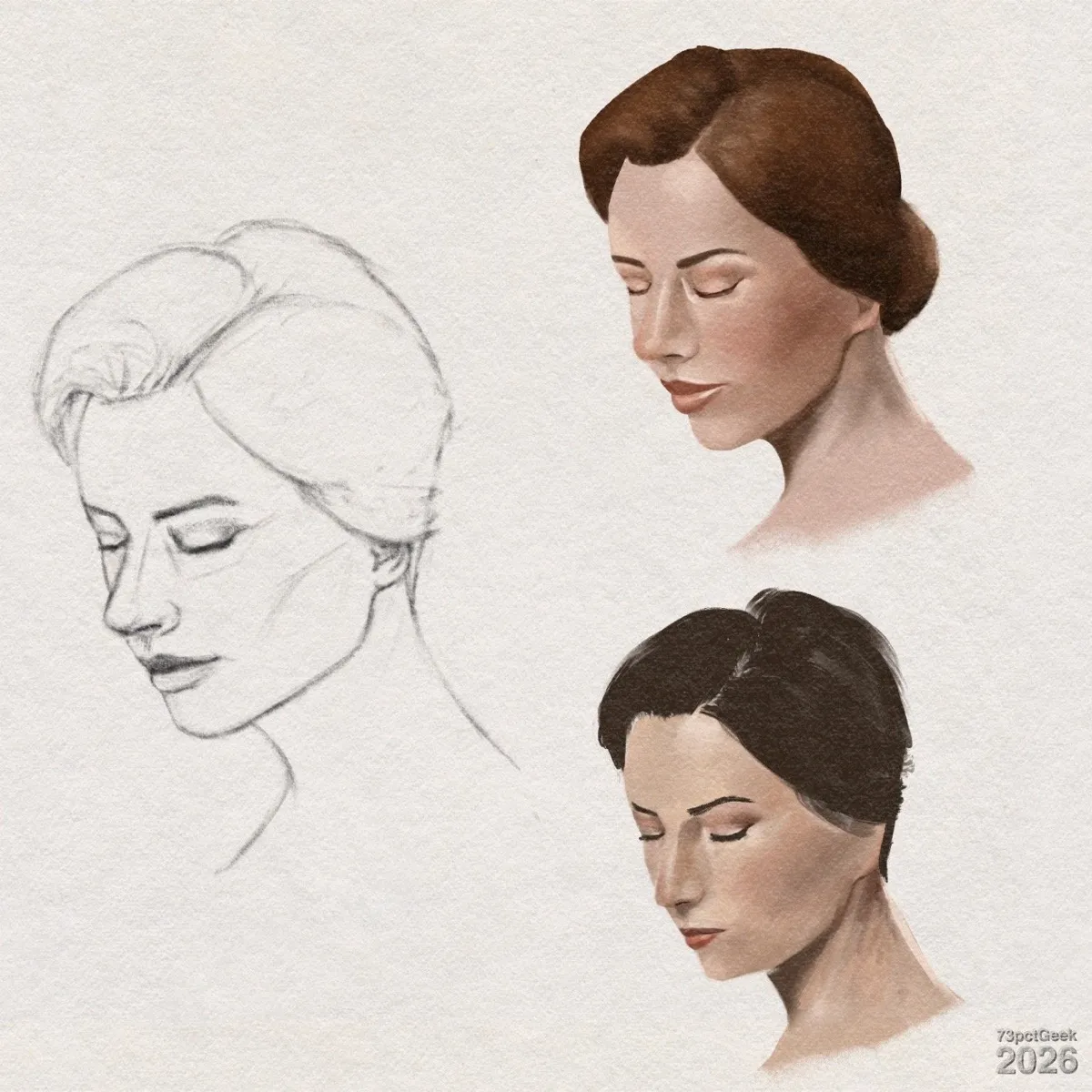 Three studies of the same woman’s head in profile, facing left. She has light skin, closed eyes, and a neutral expression. On the left is a digital graphite sketch showing her head and neck with simple shading and short hair. On the top right is an unfinished gouache study in colour, now with her auburn hair gathered into a low bun, and muted red lips. On the bottom right is another, even more unfinished, colour version, now with short dark brown hair pulled back, and darker reddish lips. Watermarked: 73pctGeek 2026