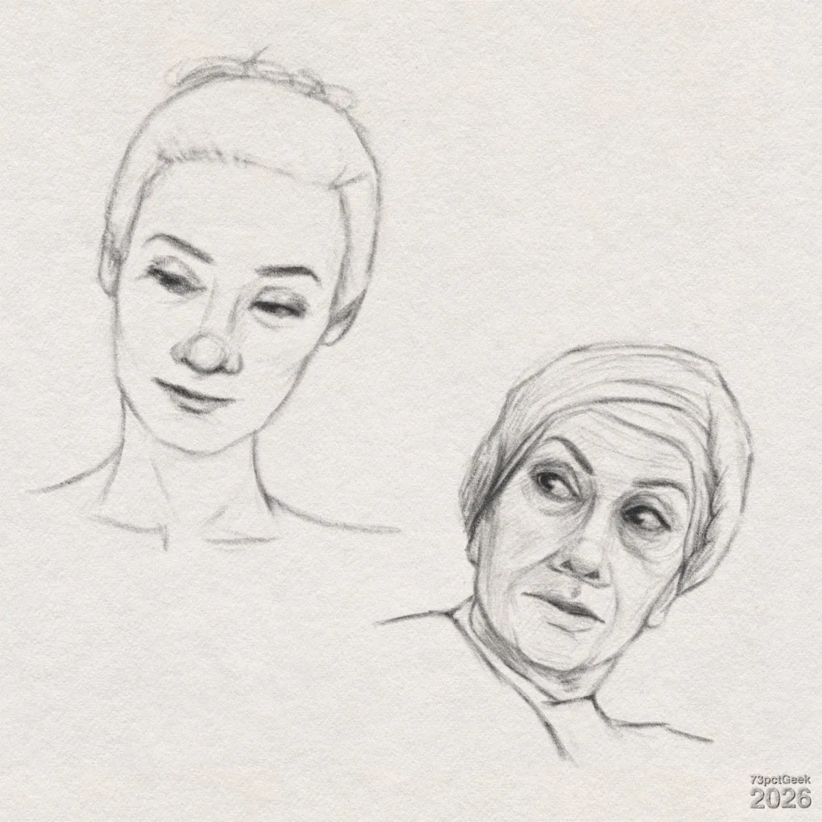 Digital graphite sketch of two different faces. In the top left is a younger woman, with her hair pulled back, tufts of hair from the high bun she wears just visible above the top of her head. Her eyes are half-closed, her brows gently arched, and her mouth is small and relaxed. Light shading defines the eyelids, nose bridge, and lips. On the lower right is an older woman’s wearing a head-wrap. She has lines around the eyes and mouth, and heavier shading under the eyes and along her cheeks. She is looking slightly upwards and to her right, and her head is slightly angled that way too. Watermarked: 73pctGeek 2026