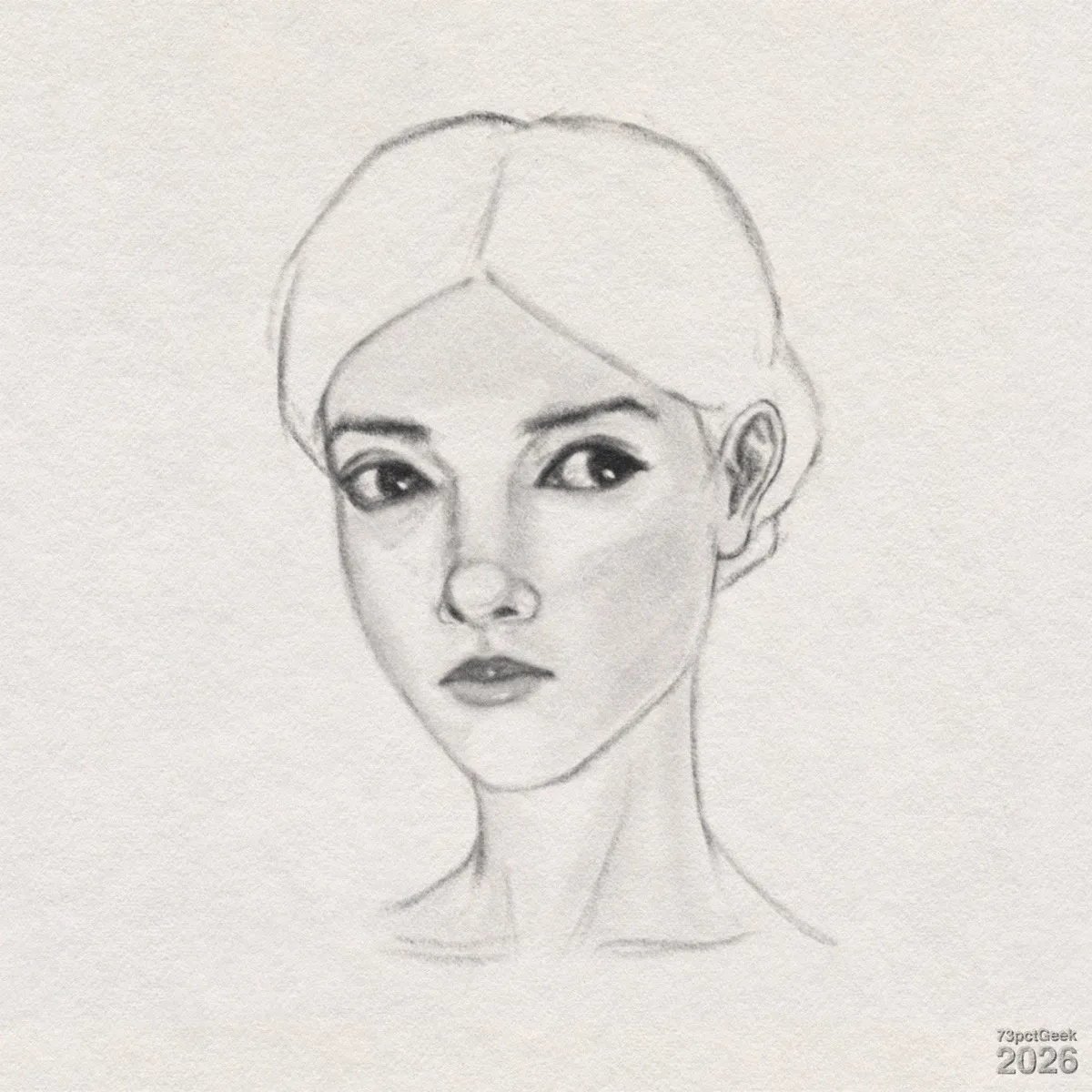 Digital graphite sketch of a young woman’s head and neck. Her face is turned slightly leftwards, and she has large dark eyes looking sideways, softly shaded eyelids, and defined brows. She has a small nose, and mouth. Her hair is parted in the centre and pulled into a low bun. She has a long, slender neck with faint shading indicating the throat and collarbone area; her shoulders are only hinted at and fade into the paper. Watermarked: 73pctGeek 2026.