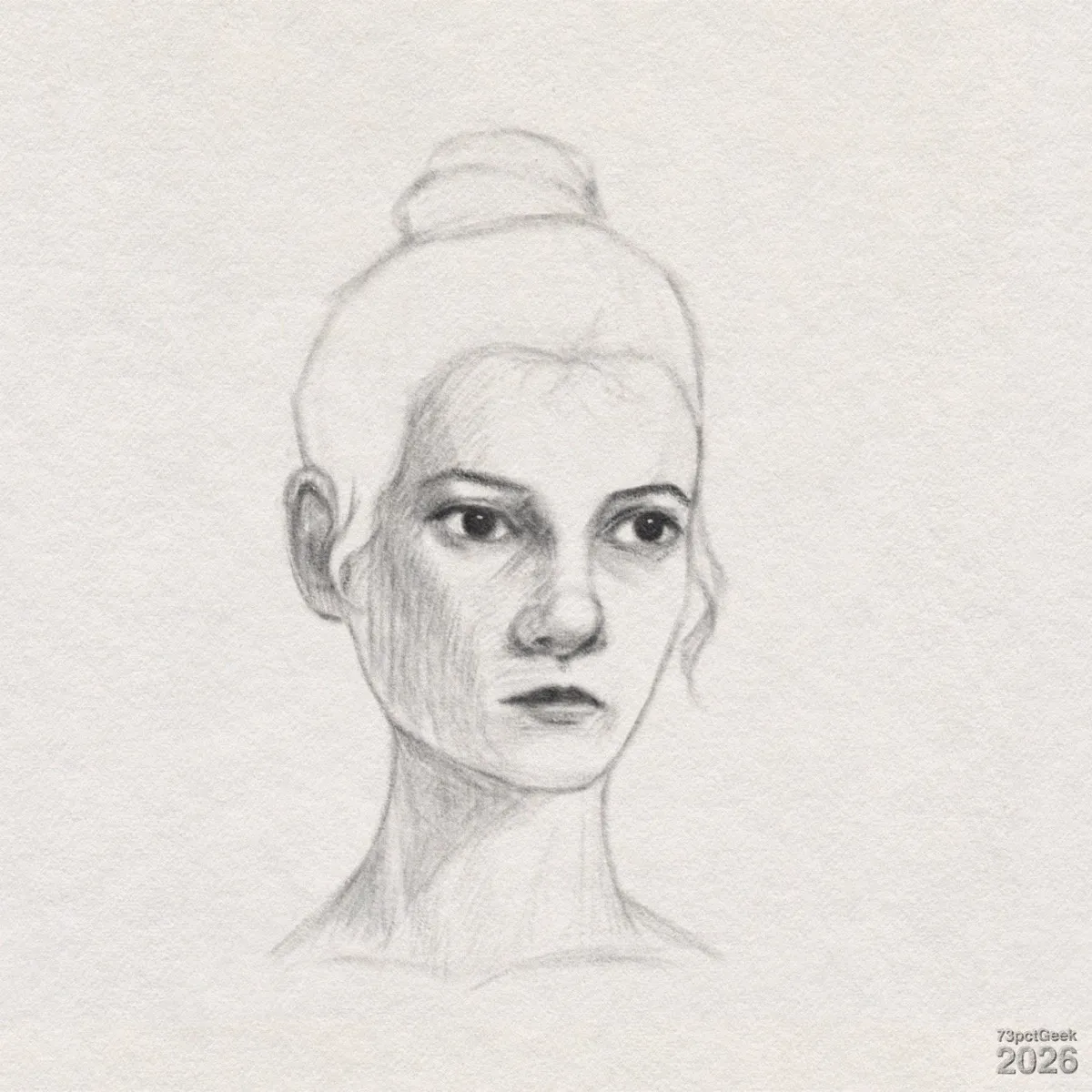 Digital graphite sketch of a young woman’s head and neck. She has light skin, dark eyes, and a serious expression with closed lips. Her head is turned slightly to the right, with her gaze directed off to the right. Her hair is pulled up into a high bun, with a few loose strands near the ears and sides of the face. Shading is concentrated on the left side of the face and neck, with visible pencil strokes along the cheek and under the jaw, and softer shading around the eyes and nose. The shoulders are only lightly indicated with faint lines. Watermarked: 73pctGeek 2026.