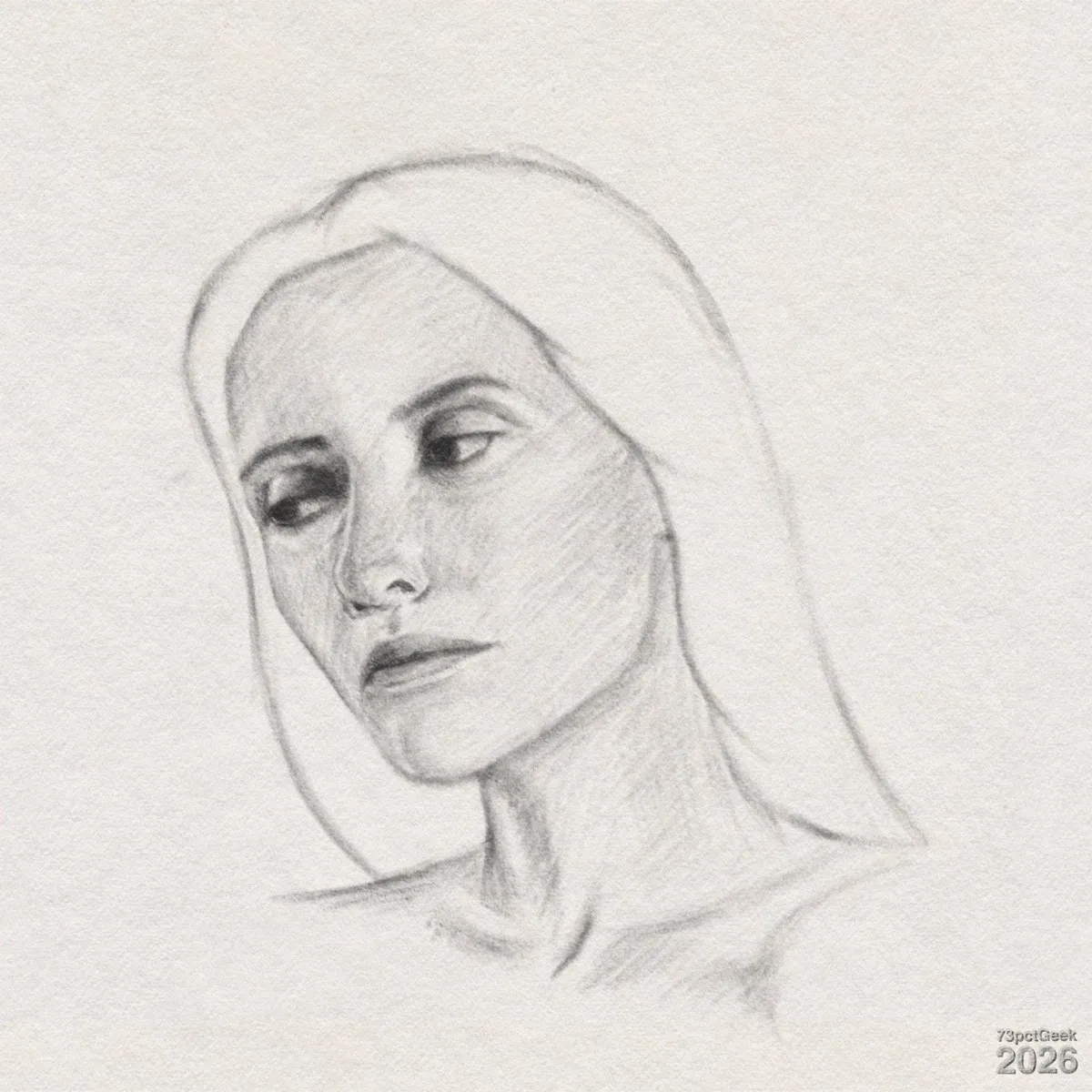Digital graphite sketch of a woman’s head and upper shoulders. Her face is turned slightly leftwards, and her gaze is angled downwards. She has arched eyebrows, heavily shaded eyelids, a straight nose, softly closed lips, and a somber expression. Long straight hair is sketched with light outlines, framing the face and falling behind her shoulders. Shading is concentrated around the eyes, under the cheekbone on the right side of the face, along the jawline, and down the neck, with lighter shading on the cheeks and forehead. The shoulders and collarbone area are faintly indicated with minimal lines. Watermarked: 73pctGeek 2026