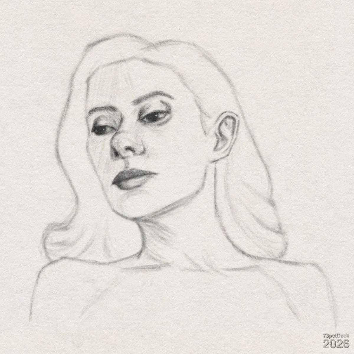 Digital graphite sketch of a woman’s head and upper shoulders. Her head is turned slightly to the left, with a downwards gaze, and a neutral expression. Her long, light hair is parted near the middle and flows on both sides of her face, with the right side tucked behind her ear. Her brows and eyelids are shaded darker than the rest of the face, and her lips are shaded with a darker tone, giving them more definition. Her nose and cheekbones are softly shaded, with a faint shadow under the jaw and along the neck. Her shoulders and upper chest are lightly indicated with minimal lines. Watermarked: 73pctGeek 2026.