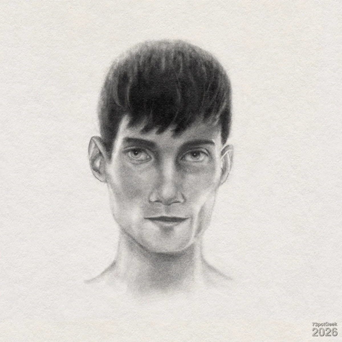 Digital graphite sketch of a man’s face and upper neck. He has light skin, short dark hair with a straight fringe across the forehead, and prominent ears. His brows are dark and fairly straight, and his mouth is closed in a neutral expression. The jawline is defined with shading along the cheeks and under the chin. Watermarked: 73pctGeek 2026.