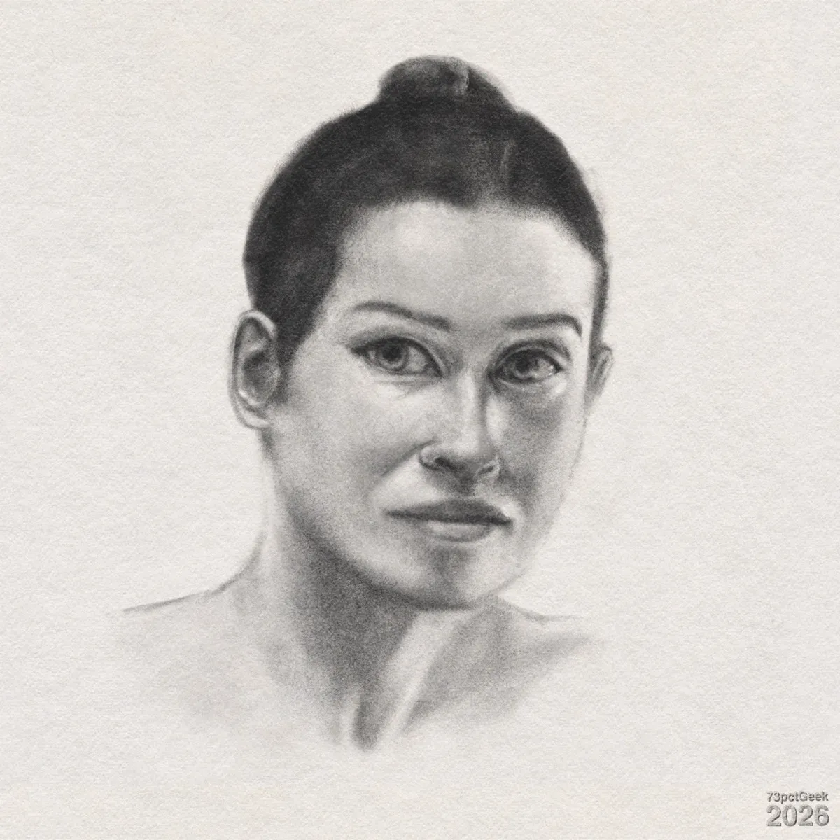 Day 838 Digital graphite sketch of a woman’s head and upper shoulders, her shoulders are only lightly outlined and fade into the background. She has light skin and dark hair pulled back into a bun. Her face is angled slightly to the left, while her eyes face forward, and her mouth is closed. Her eyes have defined upper eyelids, and her brows are dark and arched. Watermarked: 73pctGeek 2026.