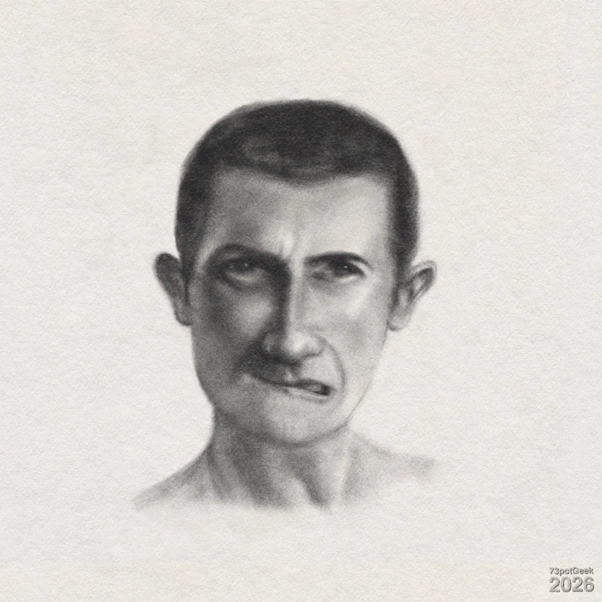 Digital graphite sketch of a man’s head and upper shoulders. He has light skin, short dark hair, and prominent ears. His brows are furrowed, and his eyes face forward in a slight squint. His mouth is twisted, one side bitten and the other corner pulled down in a grimace, showing a hint of teeth. Watermarked: 73pctGeek 2026