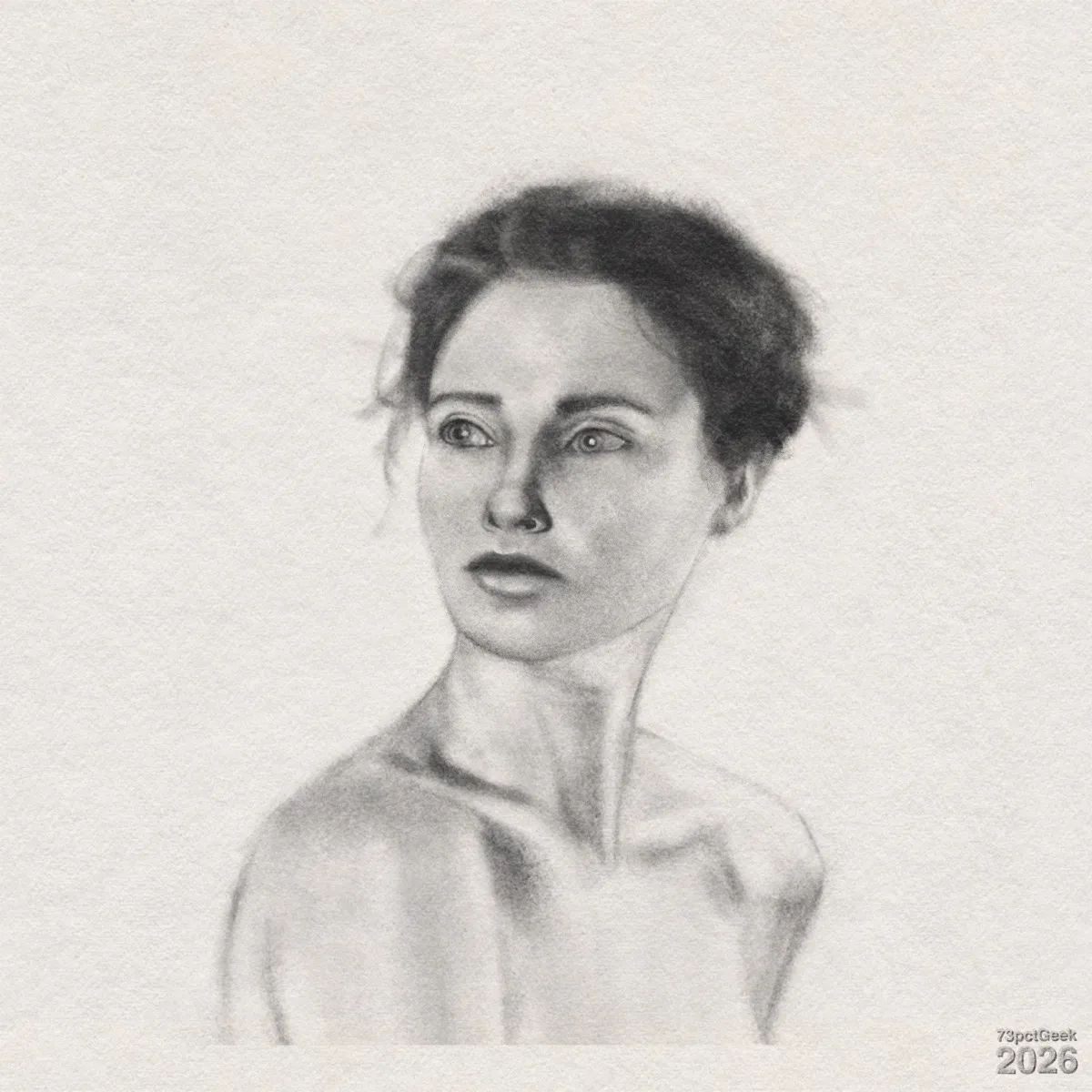 Digital graphite sketch of a young woman from the upper chest up, facing slightly leftwards with her head turned to her right. She has light skin, dark hair pulled back into a loose bun with a few loose wisps, and large eyes gazing off to her right. Her neck is long and the collarbones are shaded and prominent, with bare shoulders. Watermarked: 73pctGeek 2026.
