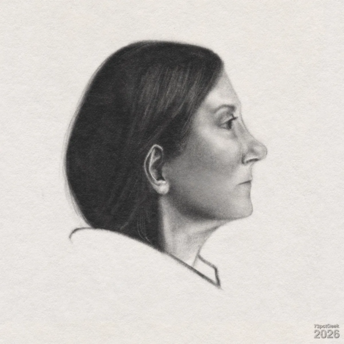 Digital graphite sketch of a woman in right-facing profile. She has light skin and dark, straight hair pulled back behind the ear and gathered and tucked into a collar at the back of her head. Her nose is prominent, and her mouth is closed in a neutral expression. The jawline and neck are shaded, and a simple dark neckline suggests a collar. Watermarked: 73pctGeek 2026