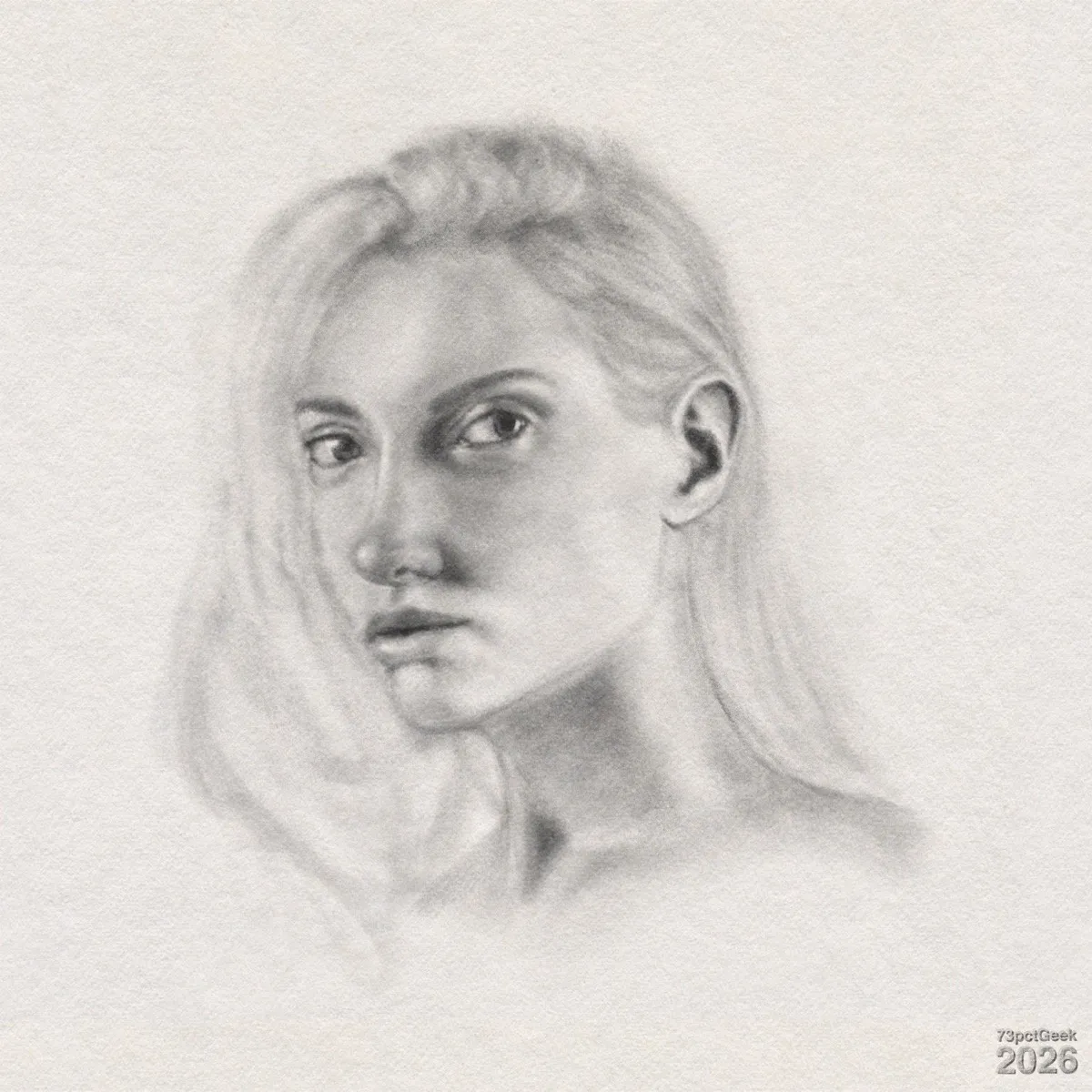 Digital graphite sketch of a young woman shown from the shoulders up in three-quarter view, facing slightly leftwards. She has light skin, long light hair that blends softly into the background. She has a calm expression with a relaxed mouth as she gazes to her left. The visible ear is clearly defined, while the right side of her face and hair are more softly rendered. Her neck and shoulders fade gradually into the background with gentle shading, giving a misty, unfinished edge. Watermarked: 73pctGeek 2026