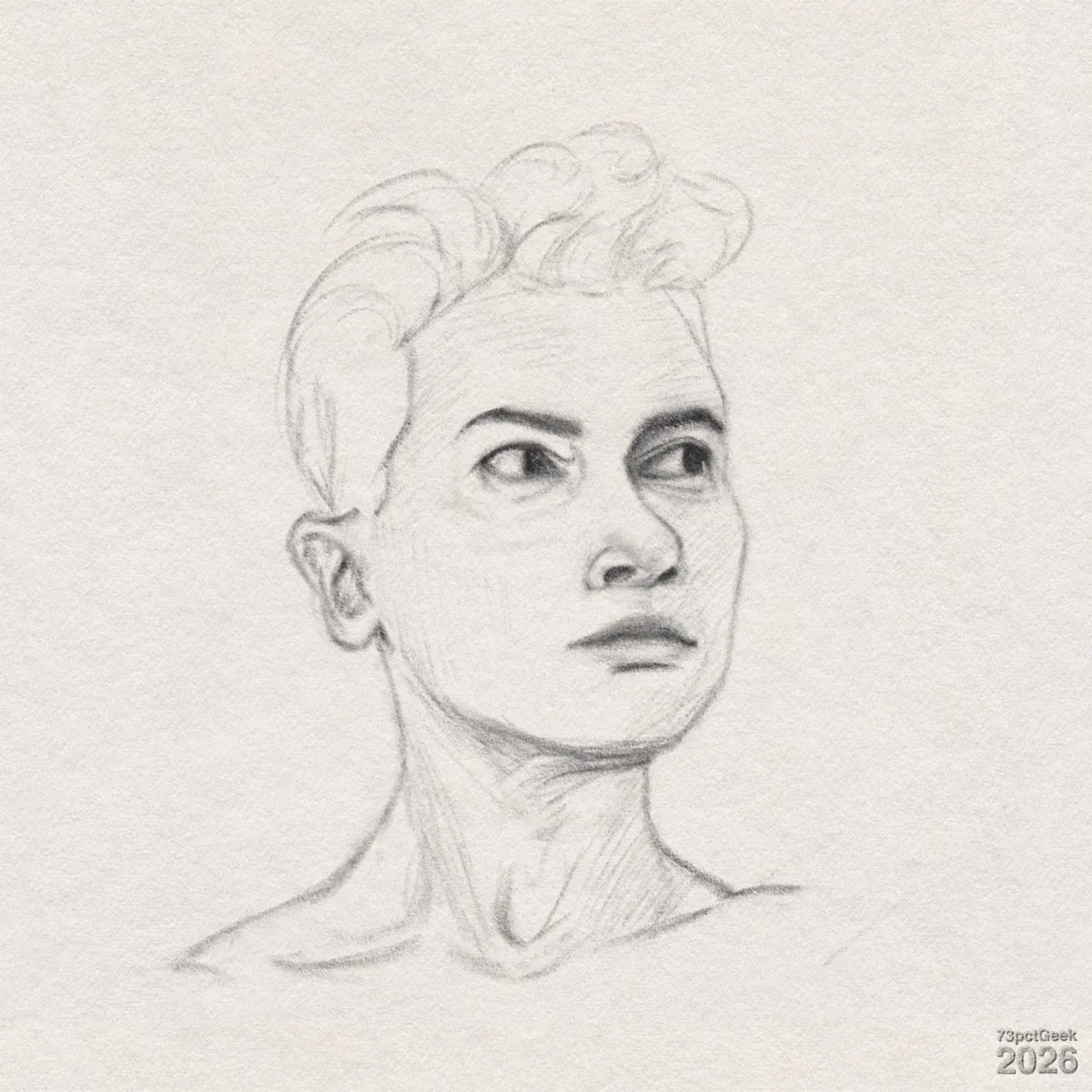 Digital graphite sketch of a young man from the shoulders up, facing slightly to the left with the gaze turned further left. He has short, wavy hair swept back from the forehead, with some loose curls on top and close-cropped sides. His neck has cross-hatched shading indicating muscles and shadows, and the tops of his shoulders are hinted at. Watermarked: 73pctGeek 2026