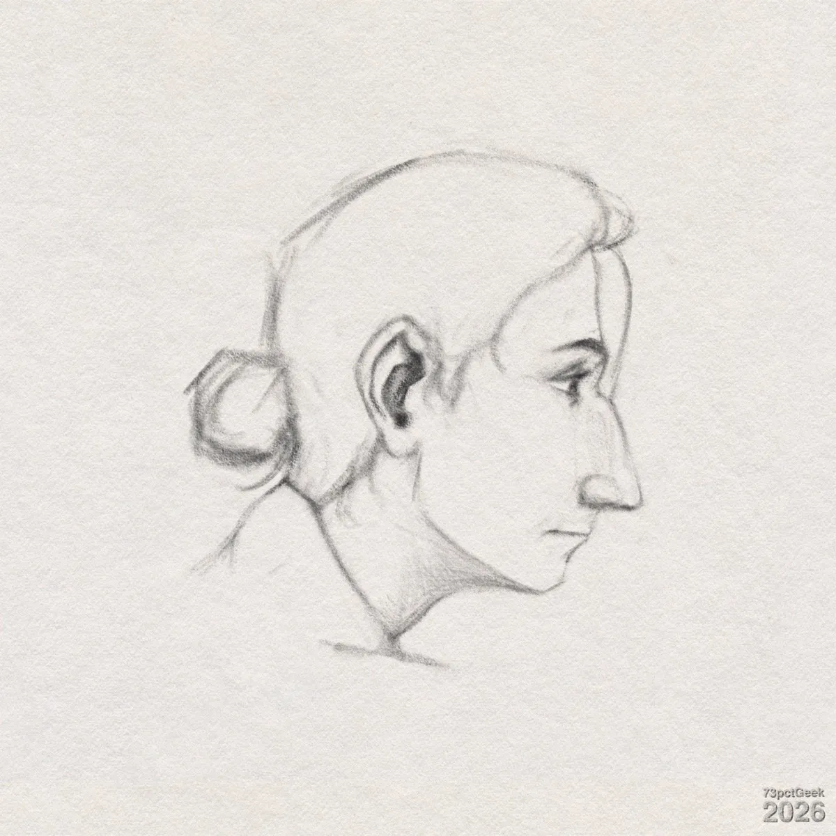 Digital graphite sketch of a man in profile facing right. He has straight hair pulled back into a low bun at the back of the head. His nose is prominent and slightly hooked and his mouth is closed. The visible ear is clearly defined with inner details sketched, and the neck is long and slender, shaded underneath the jaw and at the back to suggest depth. Watermarked: 73pctGeek 2026