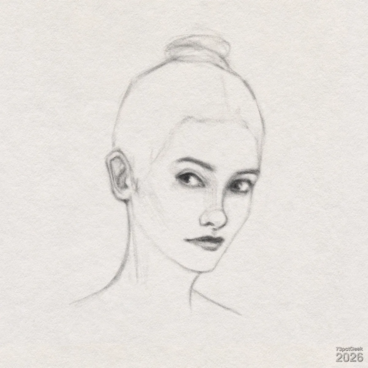 Digital graphite sketch of a young woman’s head and upper neck. Her face is turned slightly to her left while her eyes look rightward. She has a straight, narrow nose, relaxed lips, and a long slender neck. Her dark brows are arched, and there is soft shading around the eyes suggesting depth. Her hair is pulled up into a bun on top of the head, indicated with light, loose lines rather than detailed strands. Only the left ear is drawn, with simple inner-ear details; the right side of her head is mostly outlined without shading. Watermarked: 73pctGeek 2026