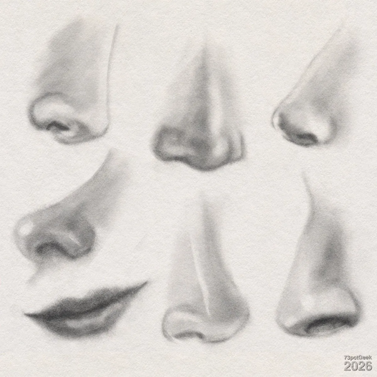 Digital graphite studies of 6 noses seen from various angles, and one mouth. Watermarked: 73pctGeek 2026